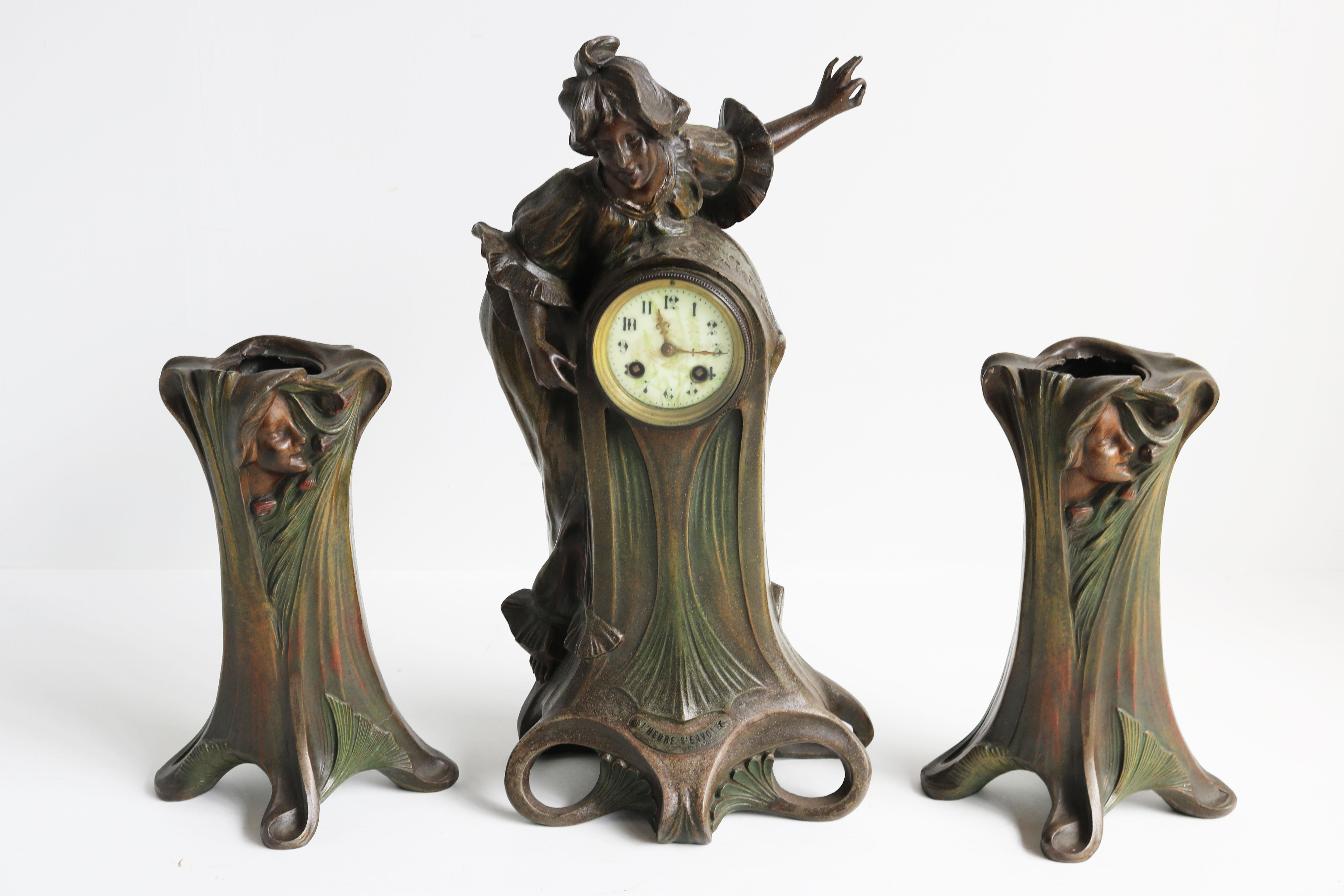 Jugendstil-Uhr-Set von Francesco Flora 1890, antikes dreiteiliges französisches Kaminsims-Set im Angebot 9