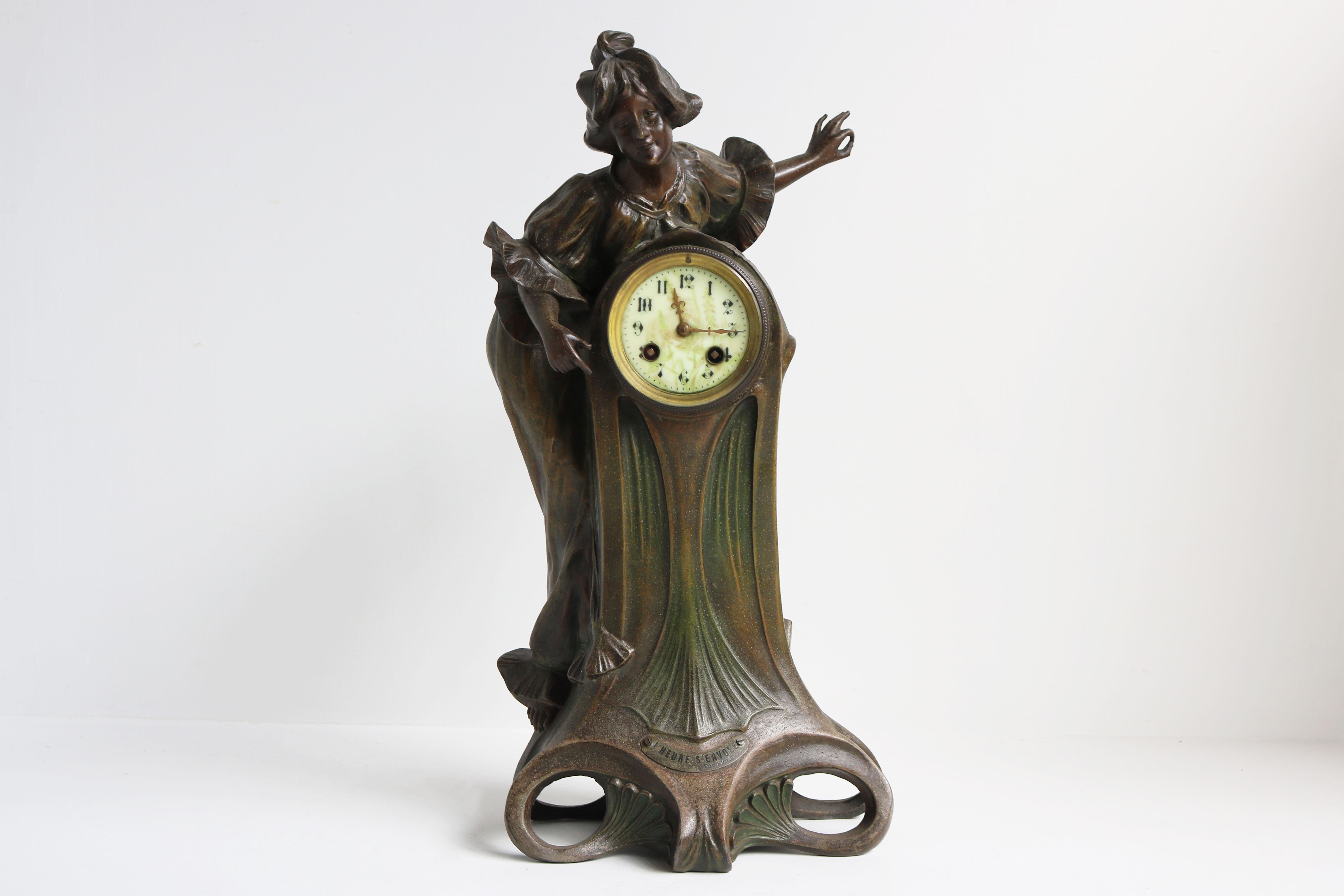 Jugendstil-Uhr-Set von Francesco Flora 1890, antikes dreiteiliges französisches Kaminsims-Set (Art nouveau) im Angebot