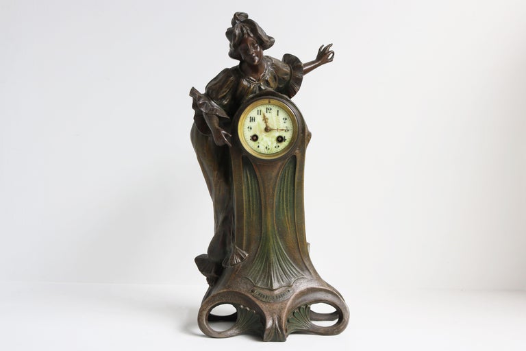 Art Nouveau Clock Set by Francesco Flora 1890 Antique Three Piece French Mantel For Sale at