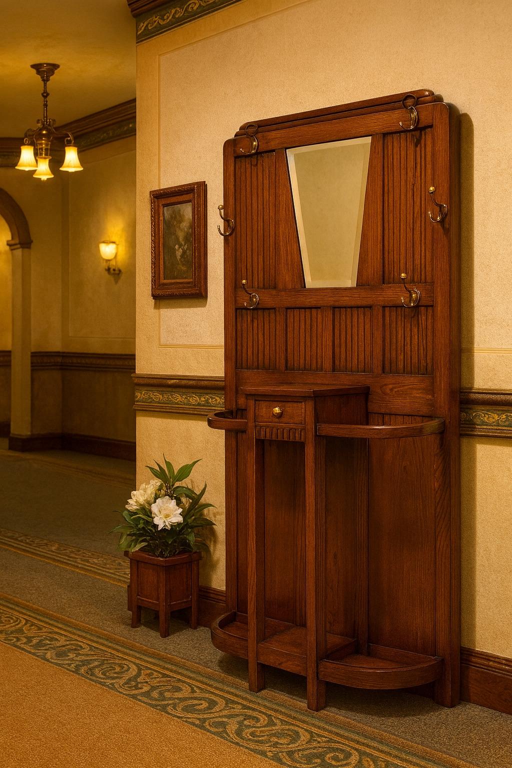 Este perchero de estilo Art Nouveau está diseñado pensando tanto en la funcionalidad como en la elegancia.
De madera maciza con un cálido acabado pulido de color marrón medio que resalta el veteado natural.
Un característico espejo biselado