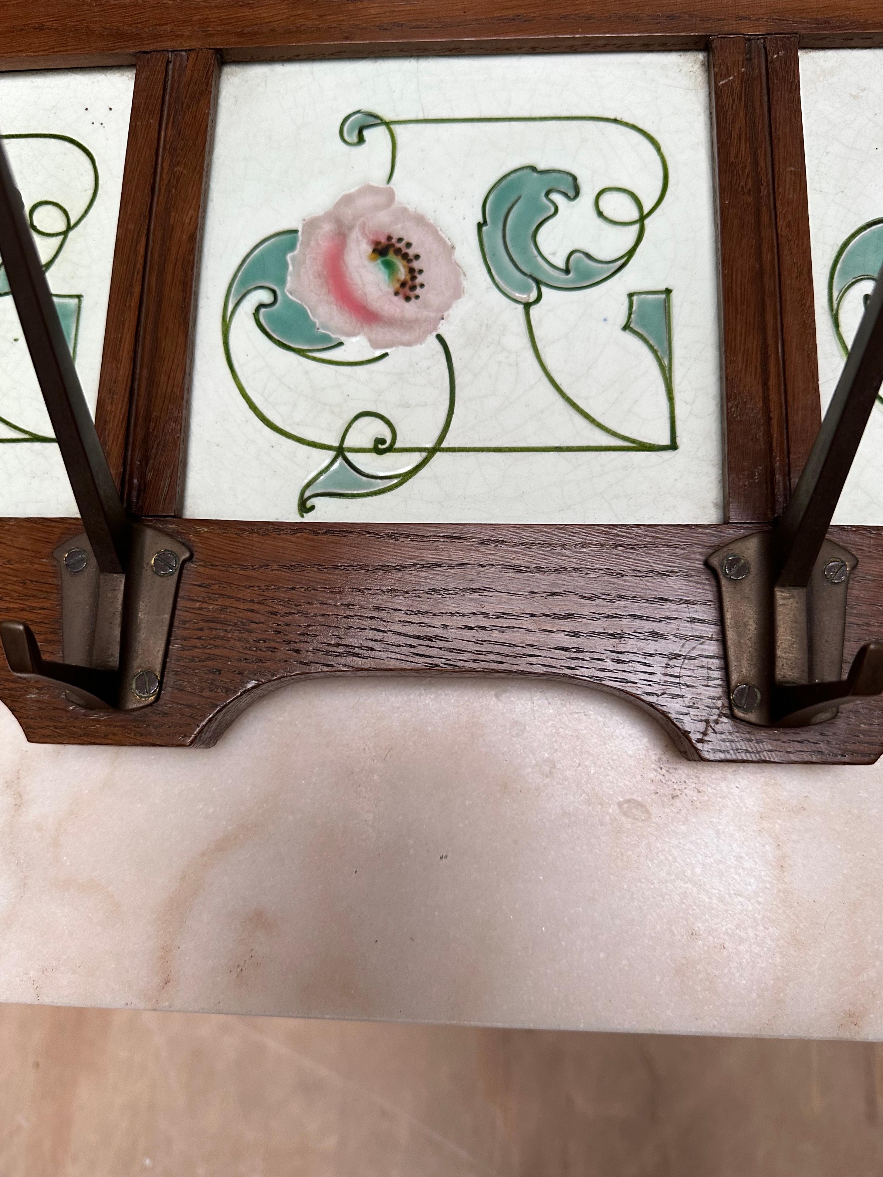Arts & Crafts Coat Rack w. Majolica Glazed, Stylized Flower Tiles & Bronze Hooks For Sale 3