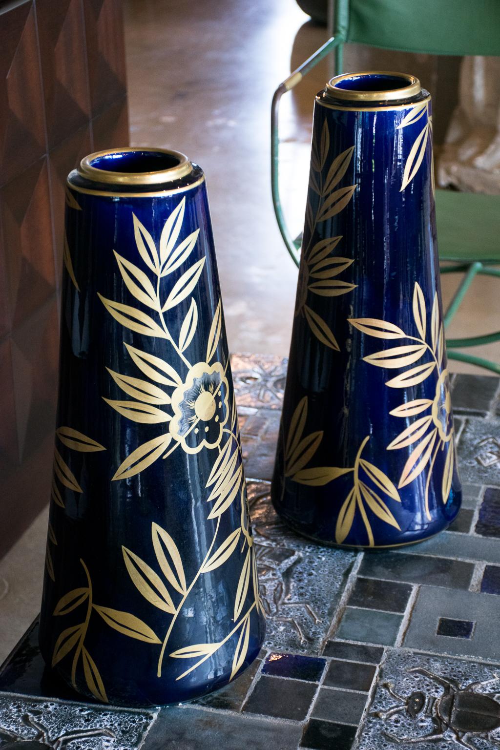 Monumental Art Nouveau Cobalt Blue and Gold Vases by Gustave Asch, Pair In Excellent Condition In Austin, TX