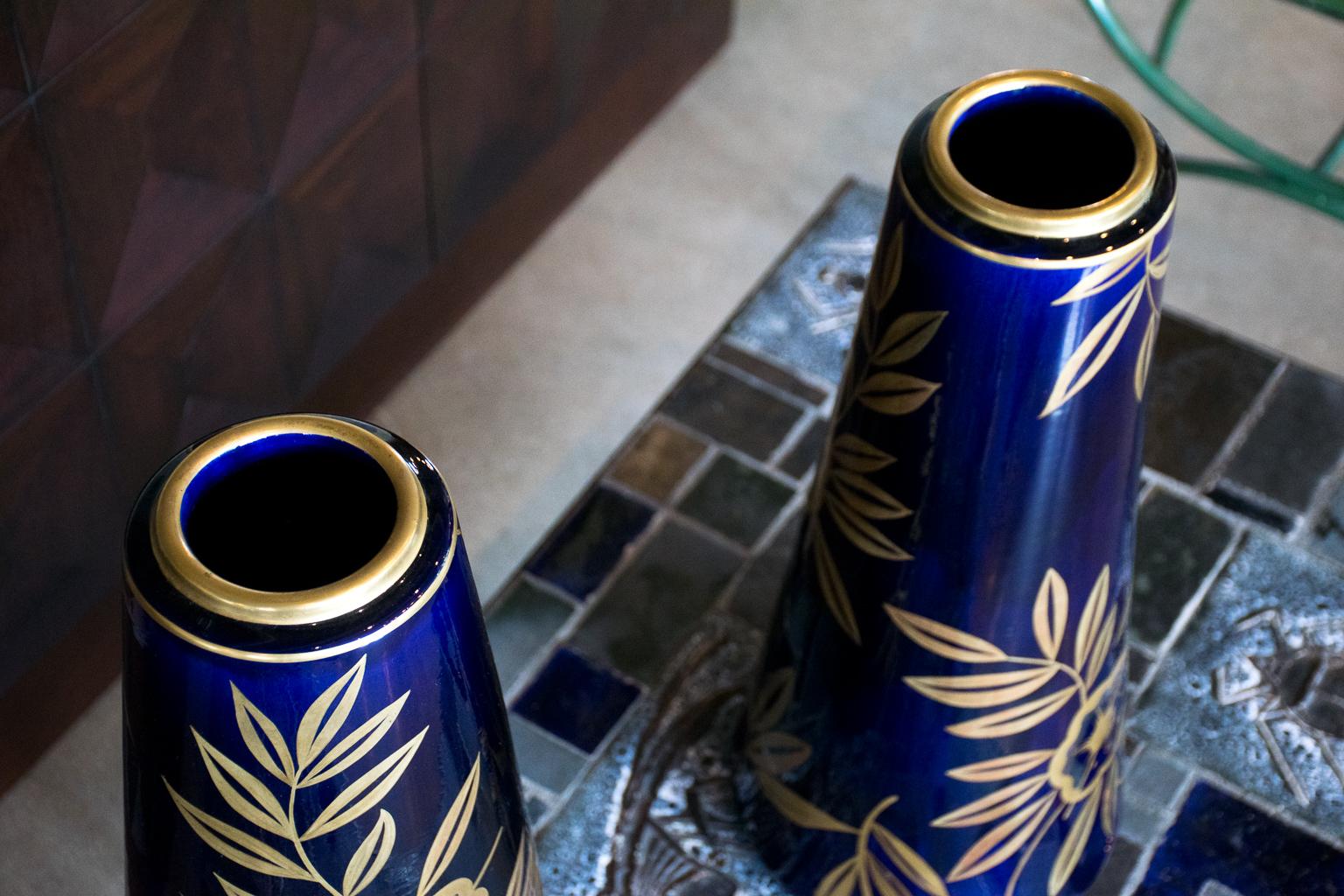 20th Century Monumental Art Nouveau Cobalt Blue and Gold Vases by Gustave Asch, Pair