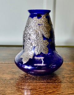 Art Nouveau Cobalt Blue Vase with Pewter Overlay  Aesthetic cobalt blue glass