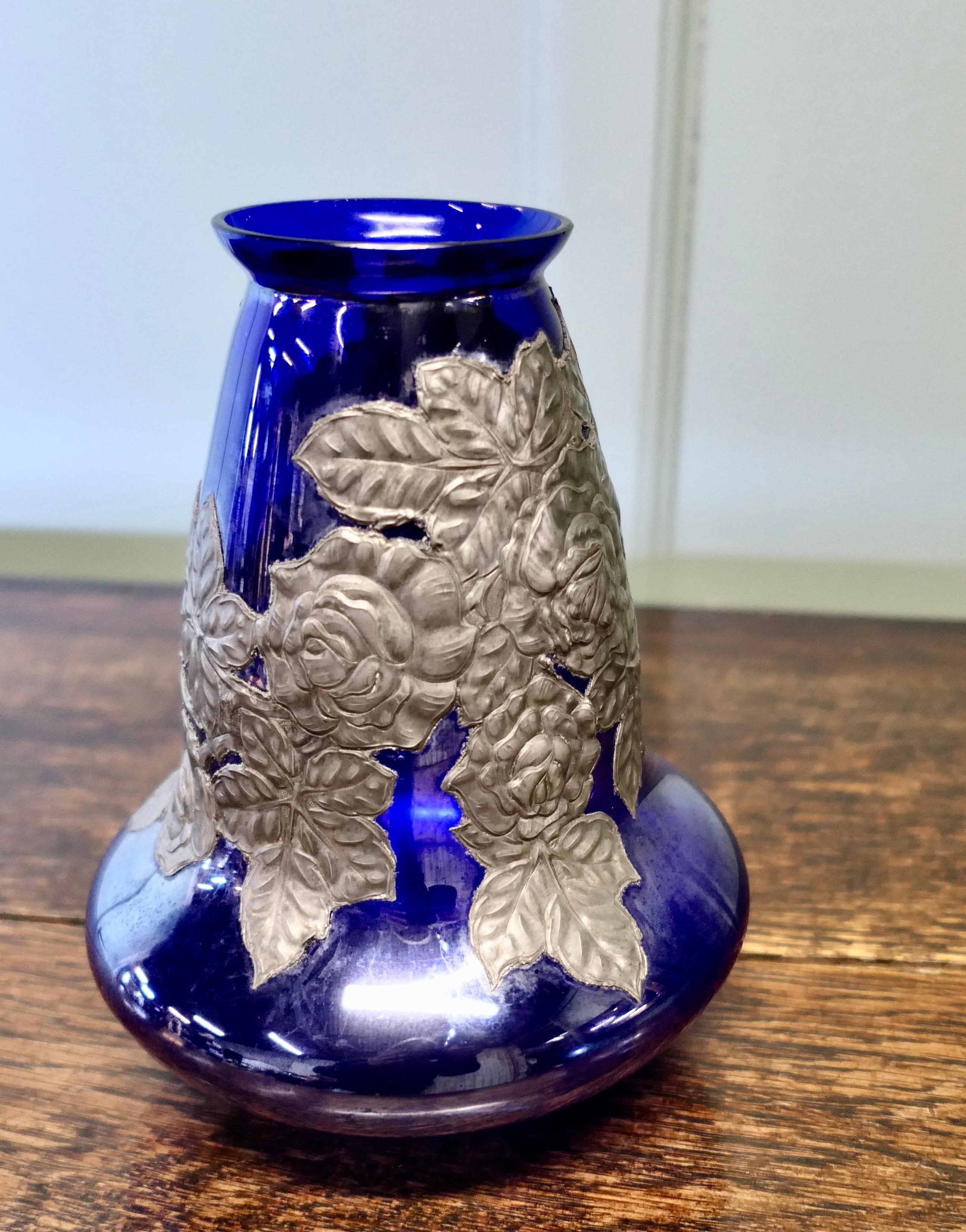 Early 20th Century Art Nouveau Cobalt Blue Vase with Pewter Overlay  Aesthetic cobalt blue glass For Sale