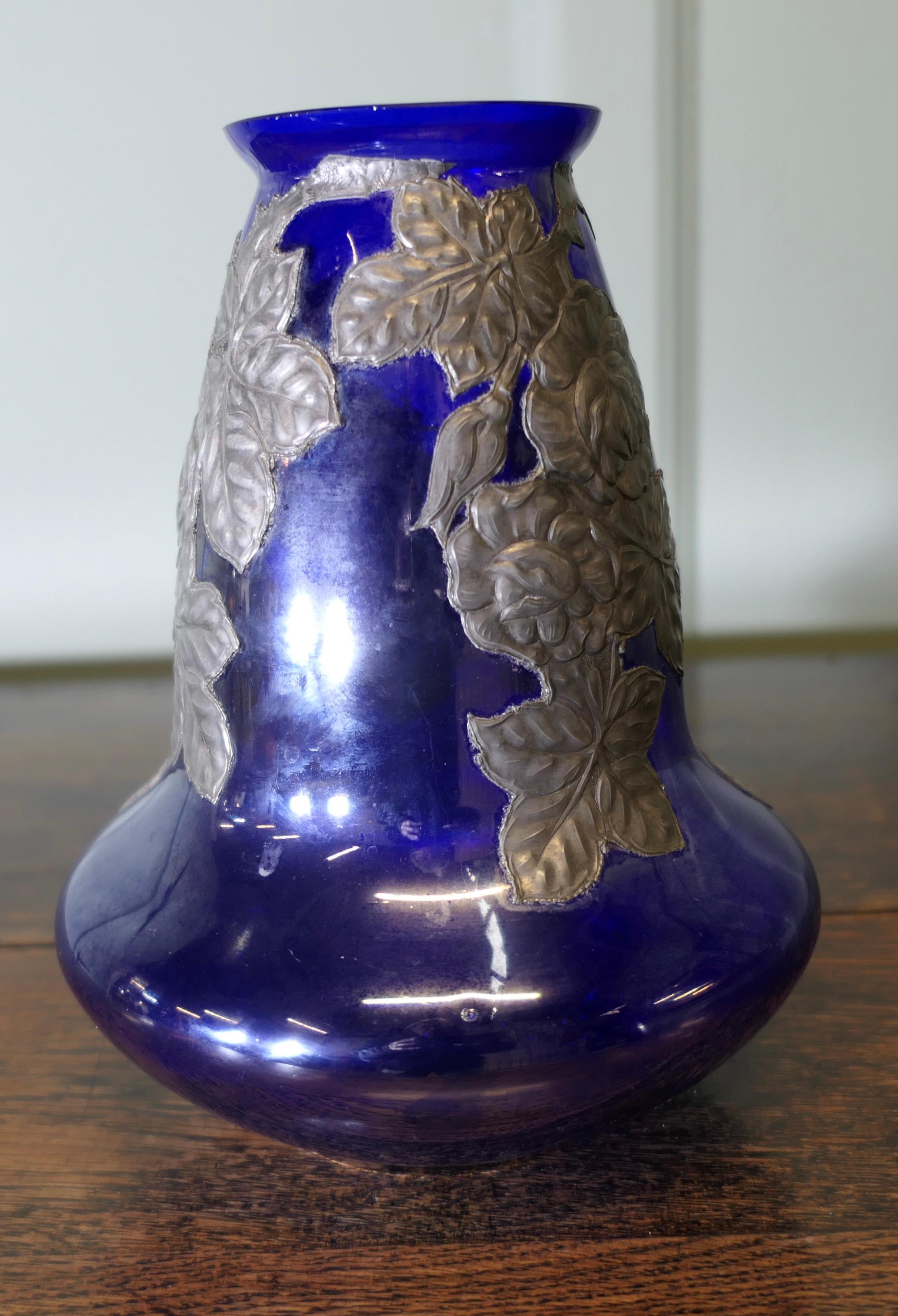 Art Glass Art Nouveau Cobalt Blue Vase with Pewter Overlay  Aesthetic cobalt blue glass For Sale