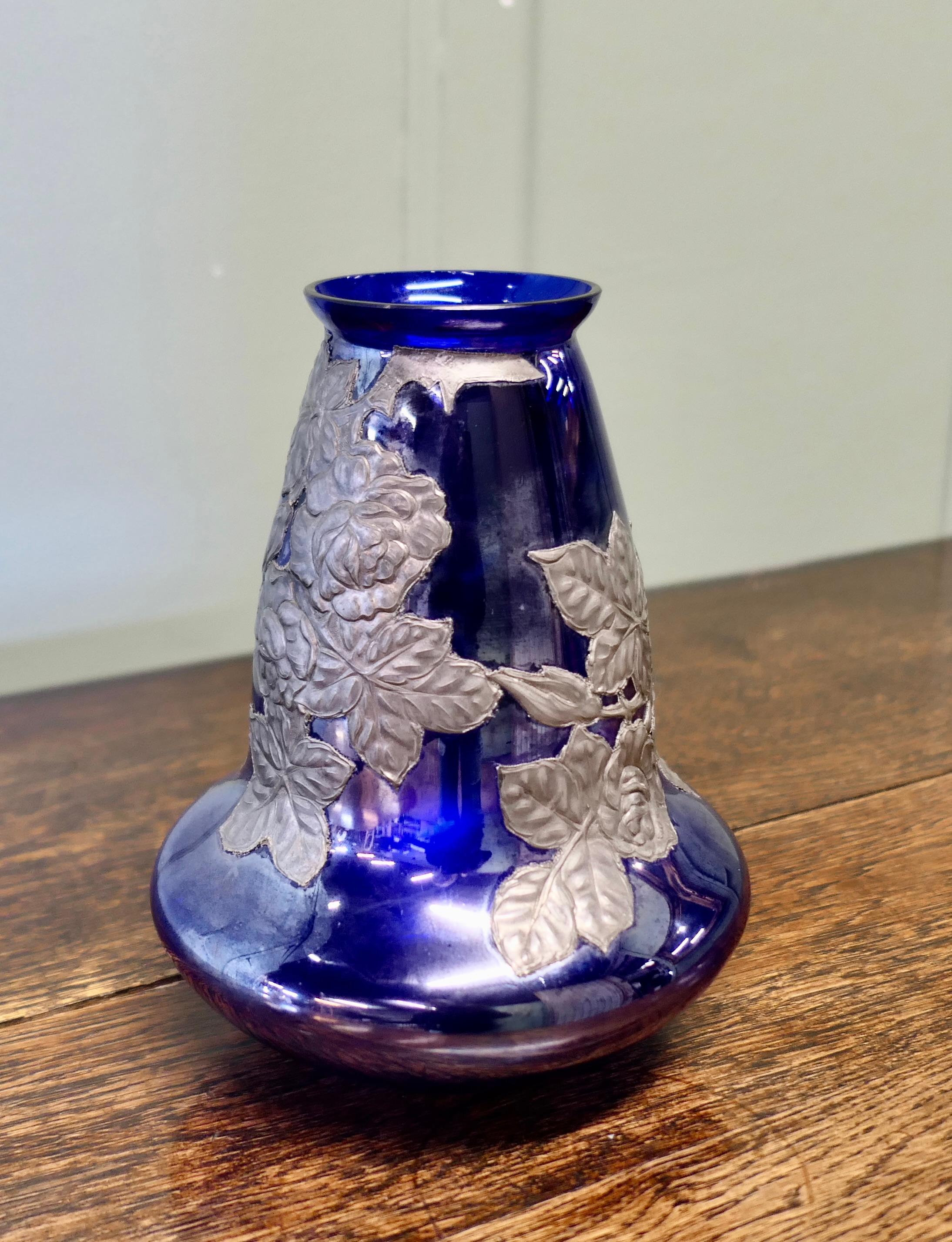 Art Nouveau Cobalt Blue Vase with Pewter Overlay  Aesthetic cobalt blue glass For Sale 1