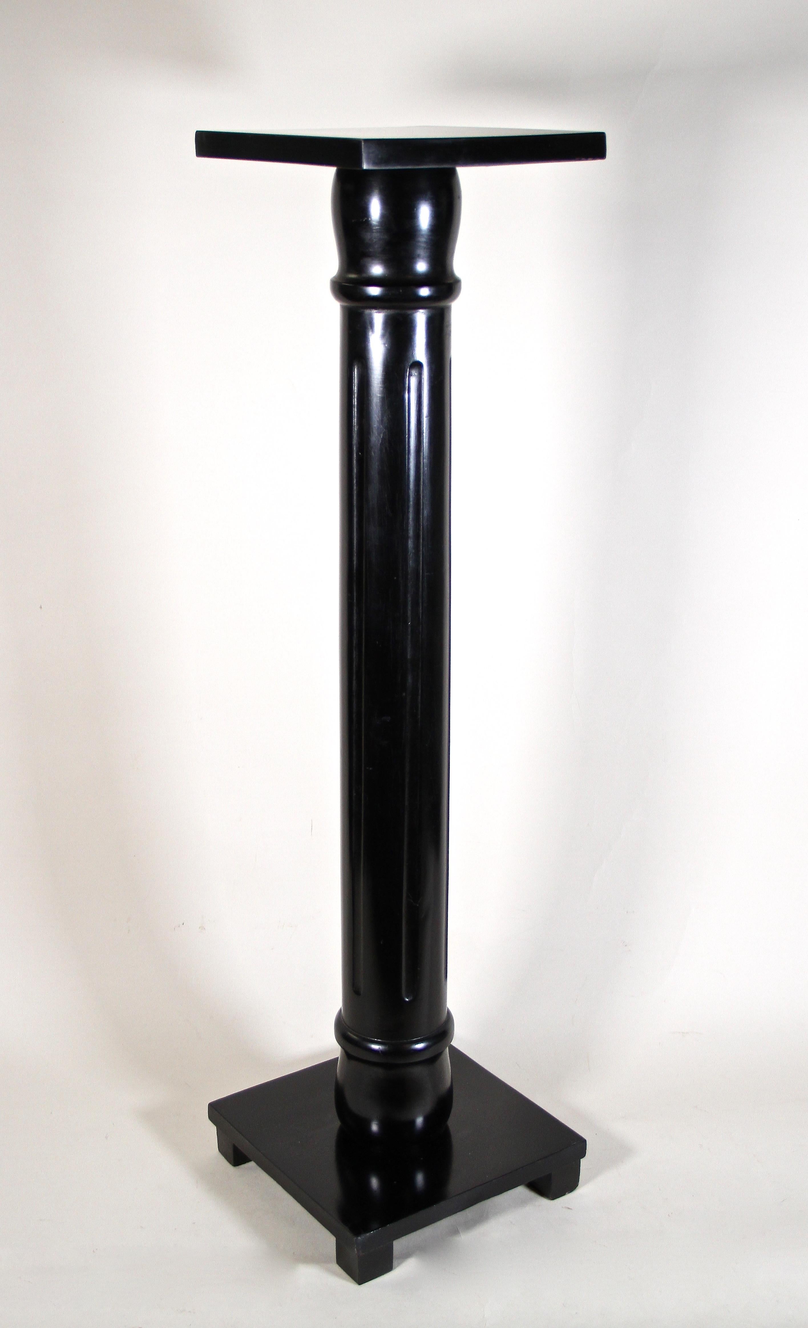 Beautiful Ebonized Art Nouveau Column pedestal from Austria around 1900. Hand carved out of solid beech wood, this lovely straight shaped pedestal comes with a fantastic ebonized, black shellac polished surface. Standing solid on a simple but great