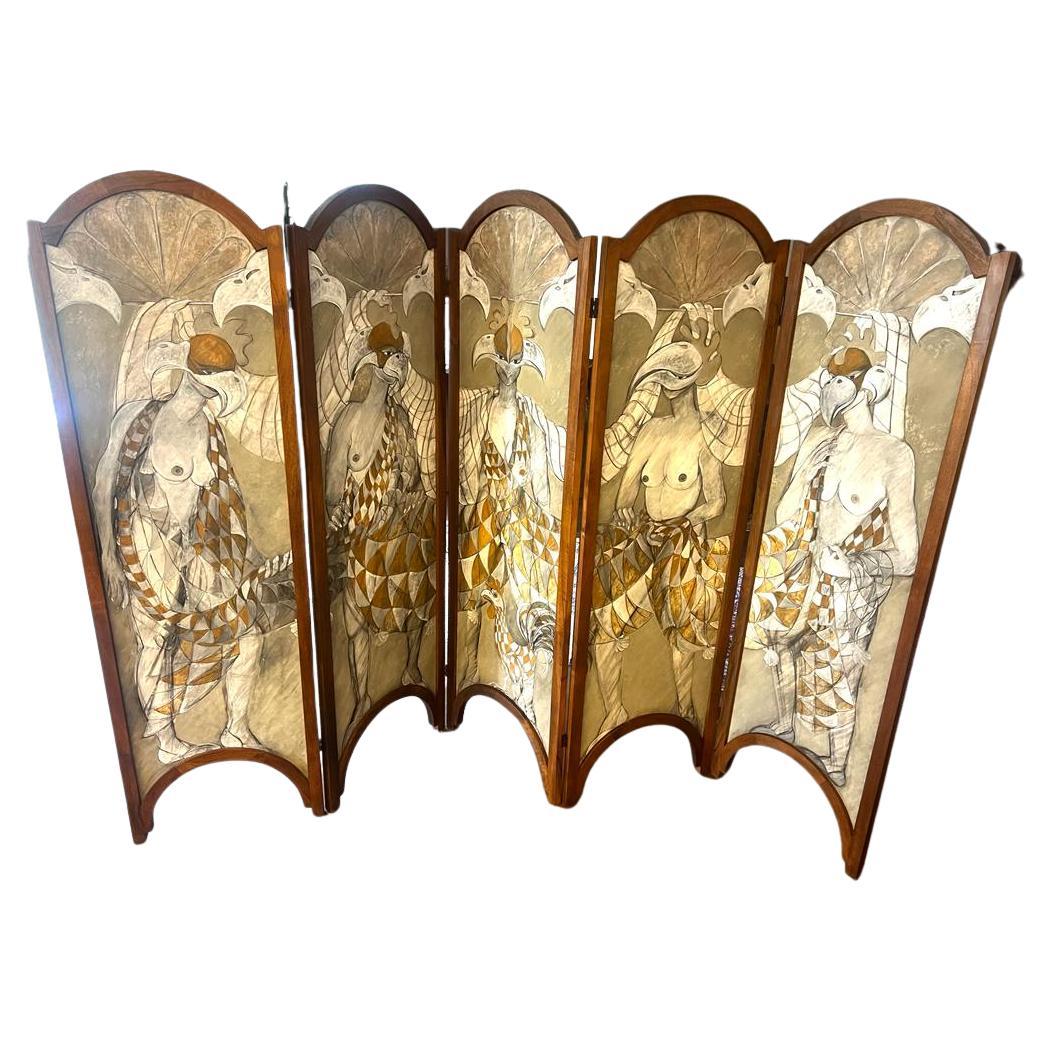 Antique Art Nouveau Commedia Dell’Arte Painted Paravent/Screen Paris ca 1920 For Sale