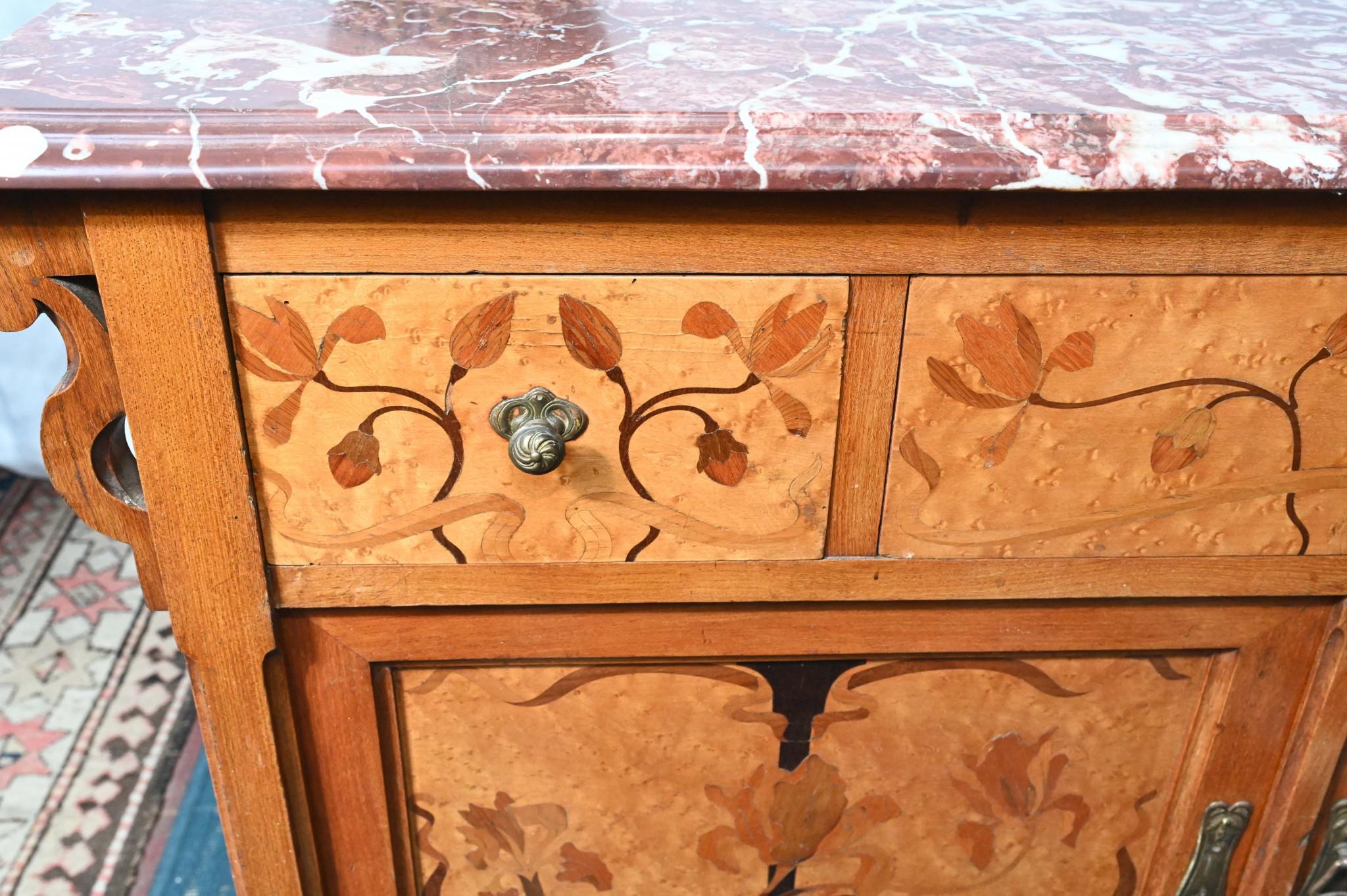 Walnut Art Nouveau Commode French Cabinet Floral Inlay For Sale