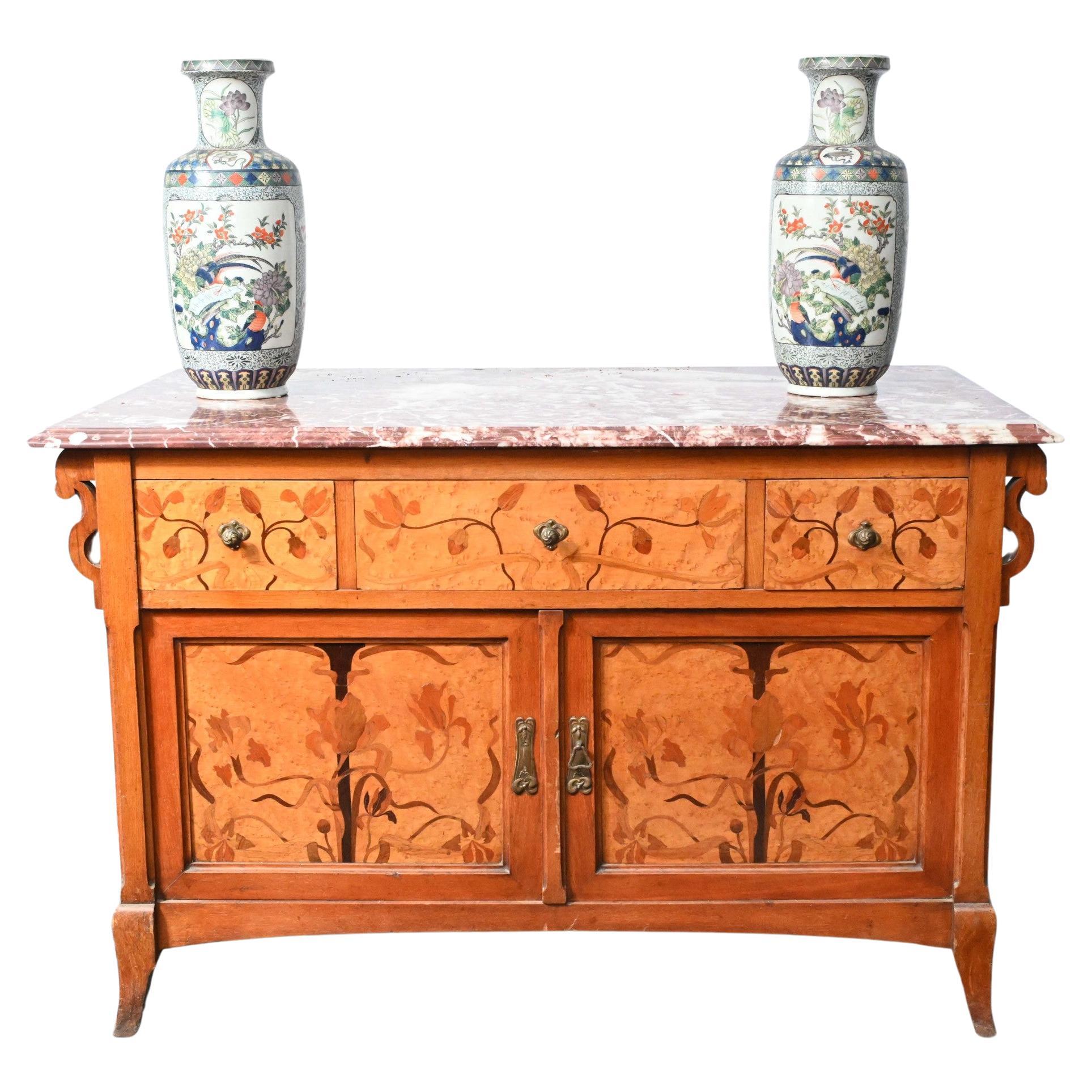 Art Nouveau Commode French Cabinet Floral Inlay For Sale
