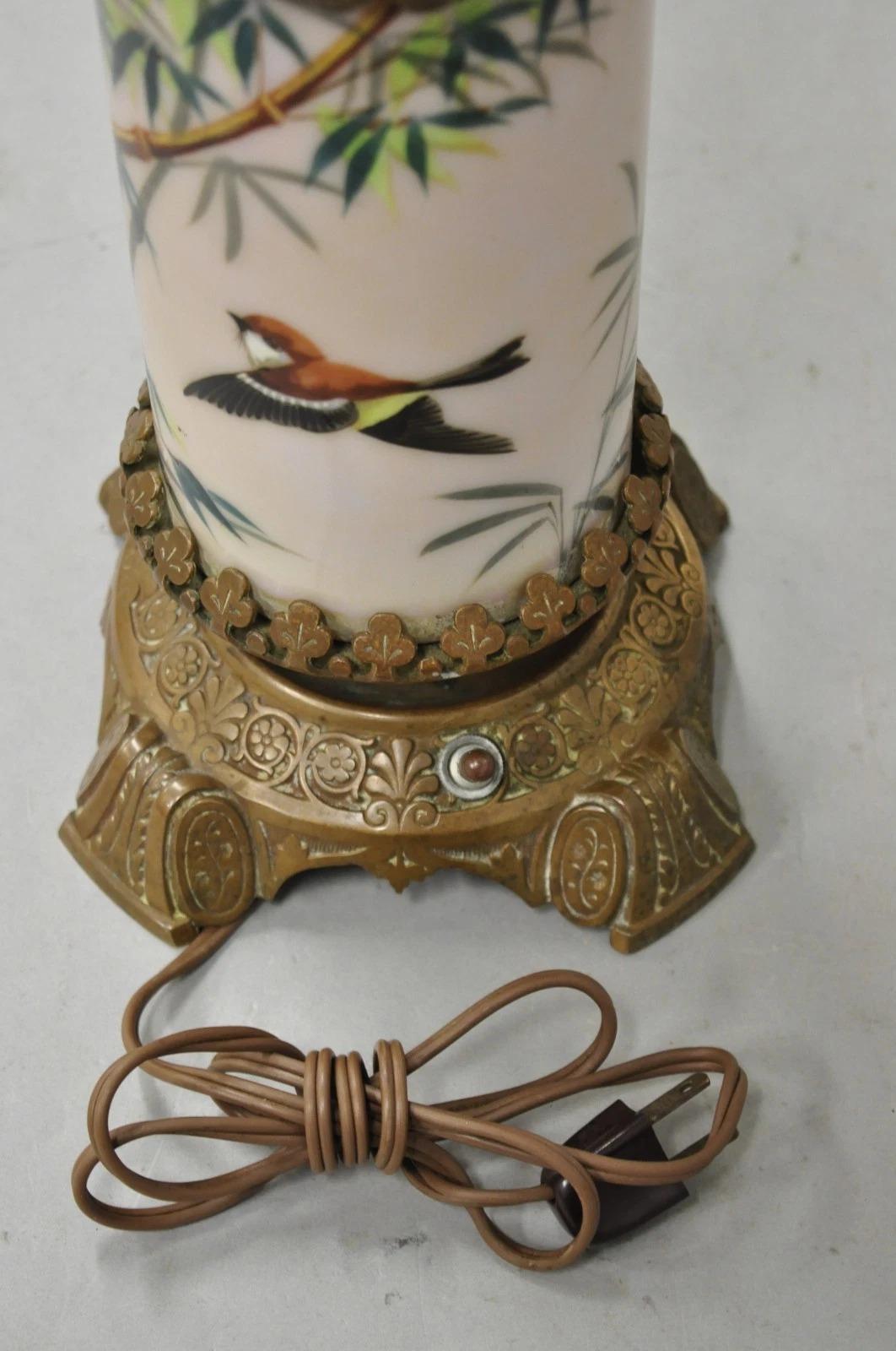 Art Nouveau Converted Oil Lamp Glass Cylinder Bird Painted Bronze Table Lamp For Sale 5
