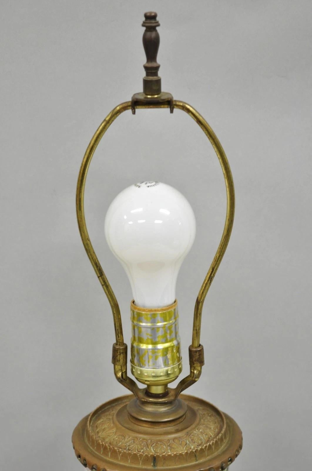 Art Nouveau Converted Oil Lamp Glass Cylinder Bird Painted Bronze Table Lamp For Sale 6