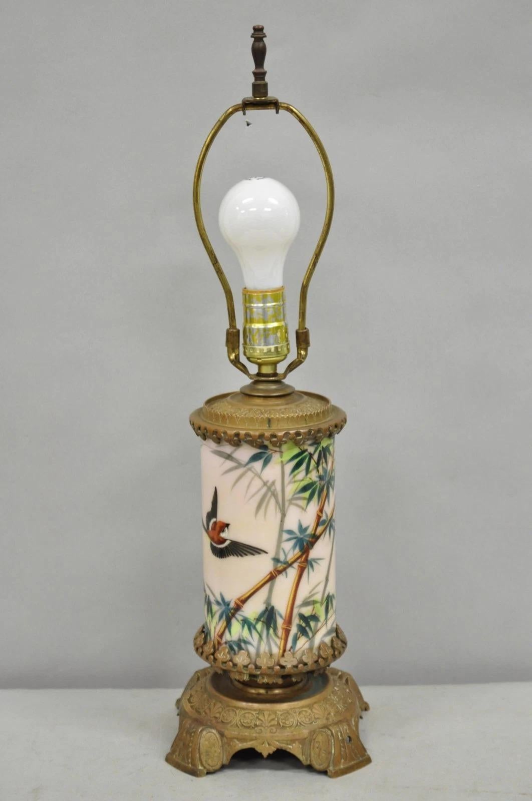 Art Nouveau Converted Oil Lamp Glass Cylinder Bird Painted Bronze Table Lamp For Sale 7