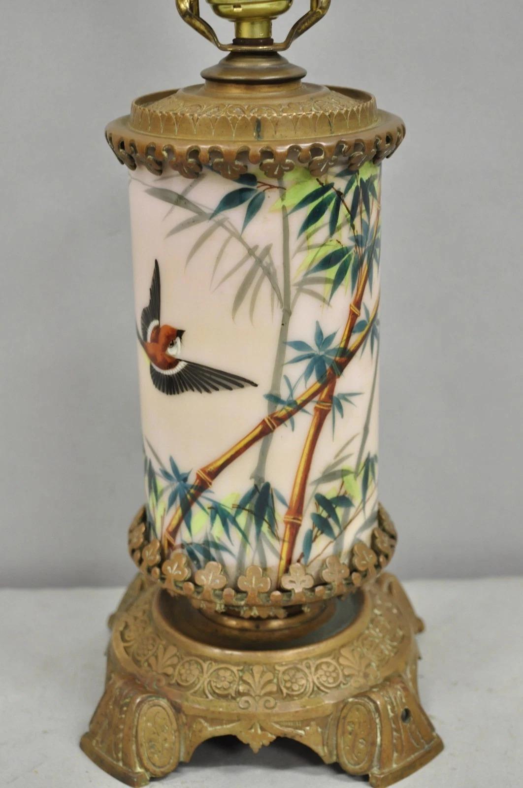 Art Nouveau Converted Oil Lamp Glass Cylinder Bird Painted Bronze Table Lamp For Sale 8