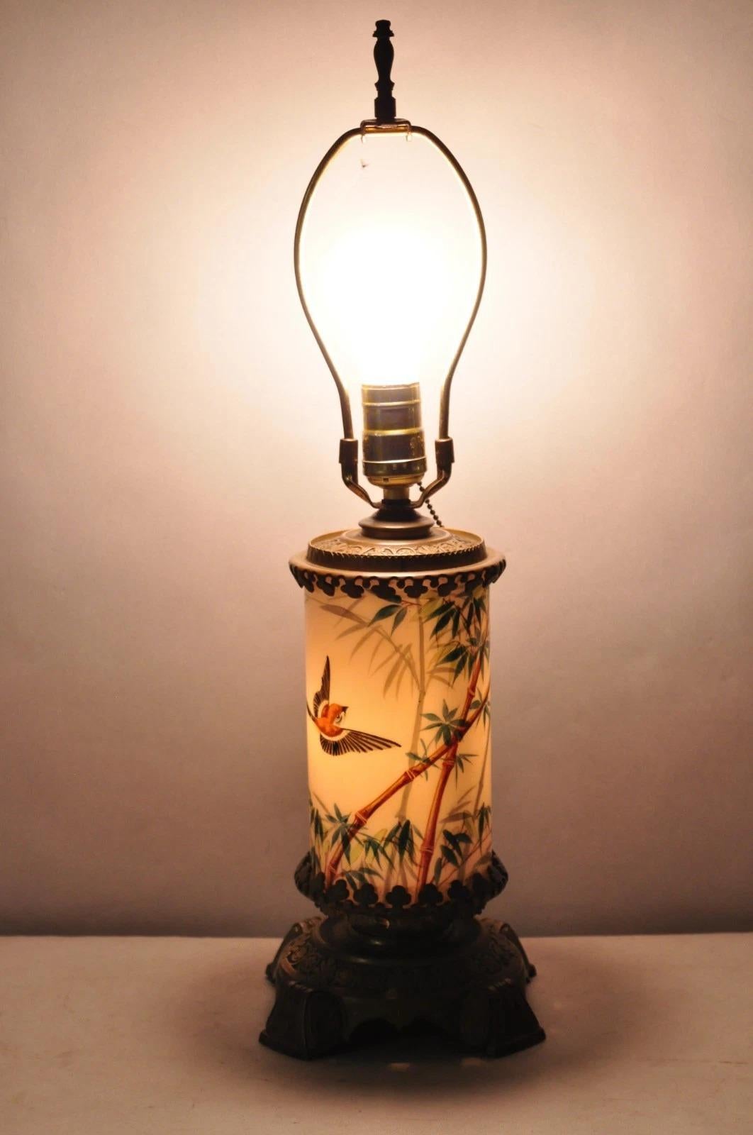 Art Nouveau Converted Oil Lamp Glass Cylinder Bird Painted Bronze Table Lamp For Sale 9