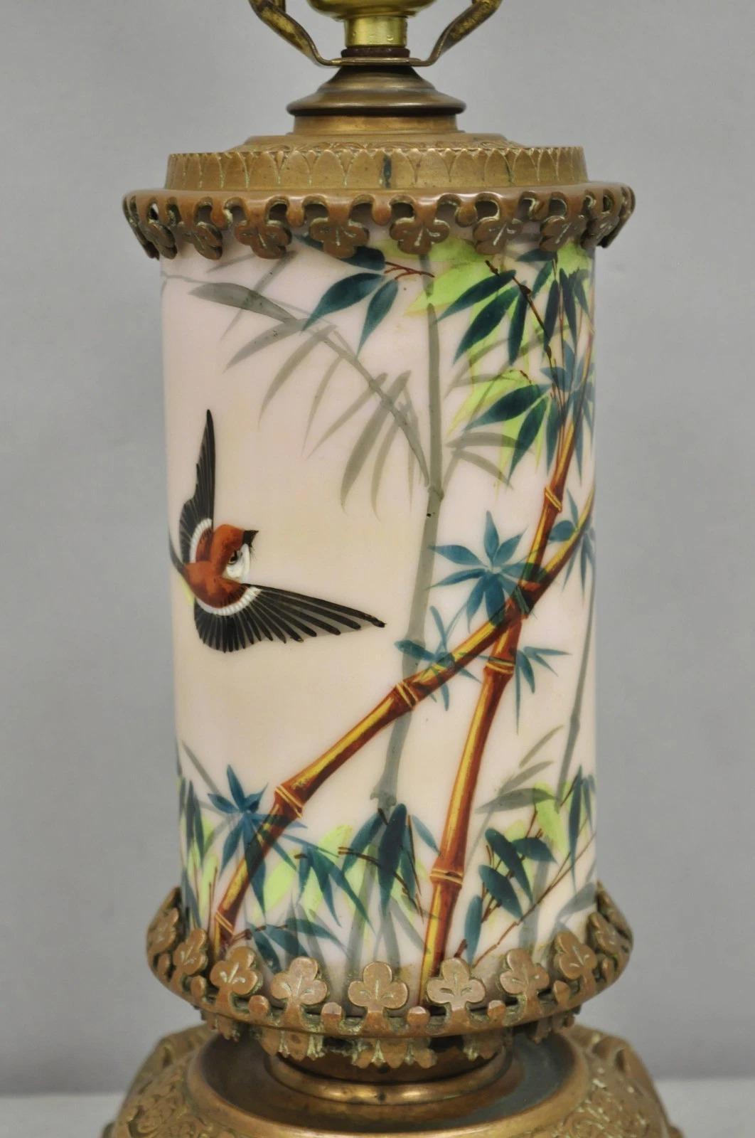 Unknown Art Nouveau Converted Oil Lamp Glass Cylinder Bird Painted Bronze Table Lamp For Sale