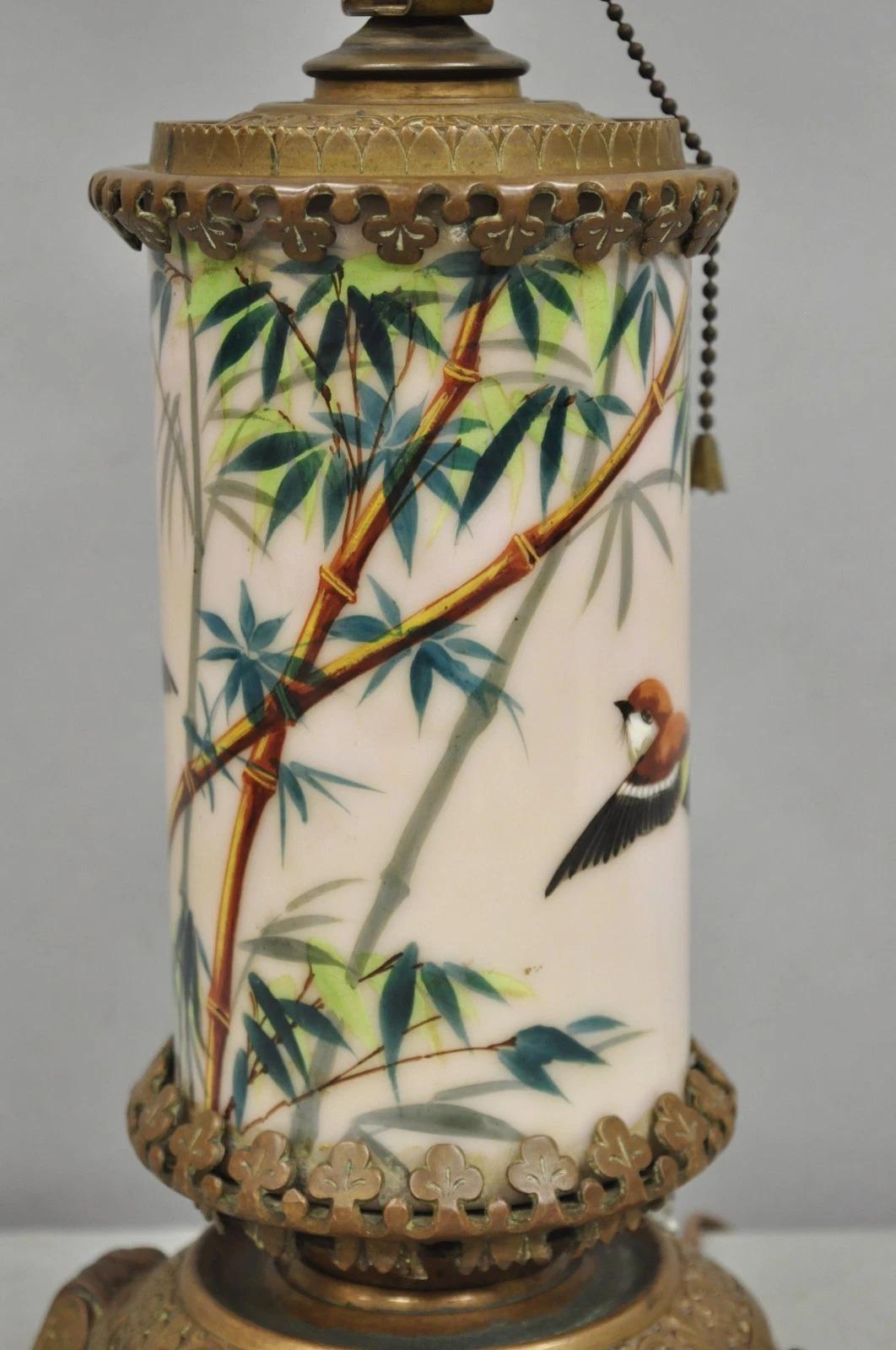 Art Nouveau Converted Oil Lamp Glass Cylinder Bird Painted Bronze Table Lamp In Good Condition For Sale In Philadelphia, PA