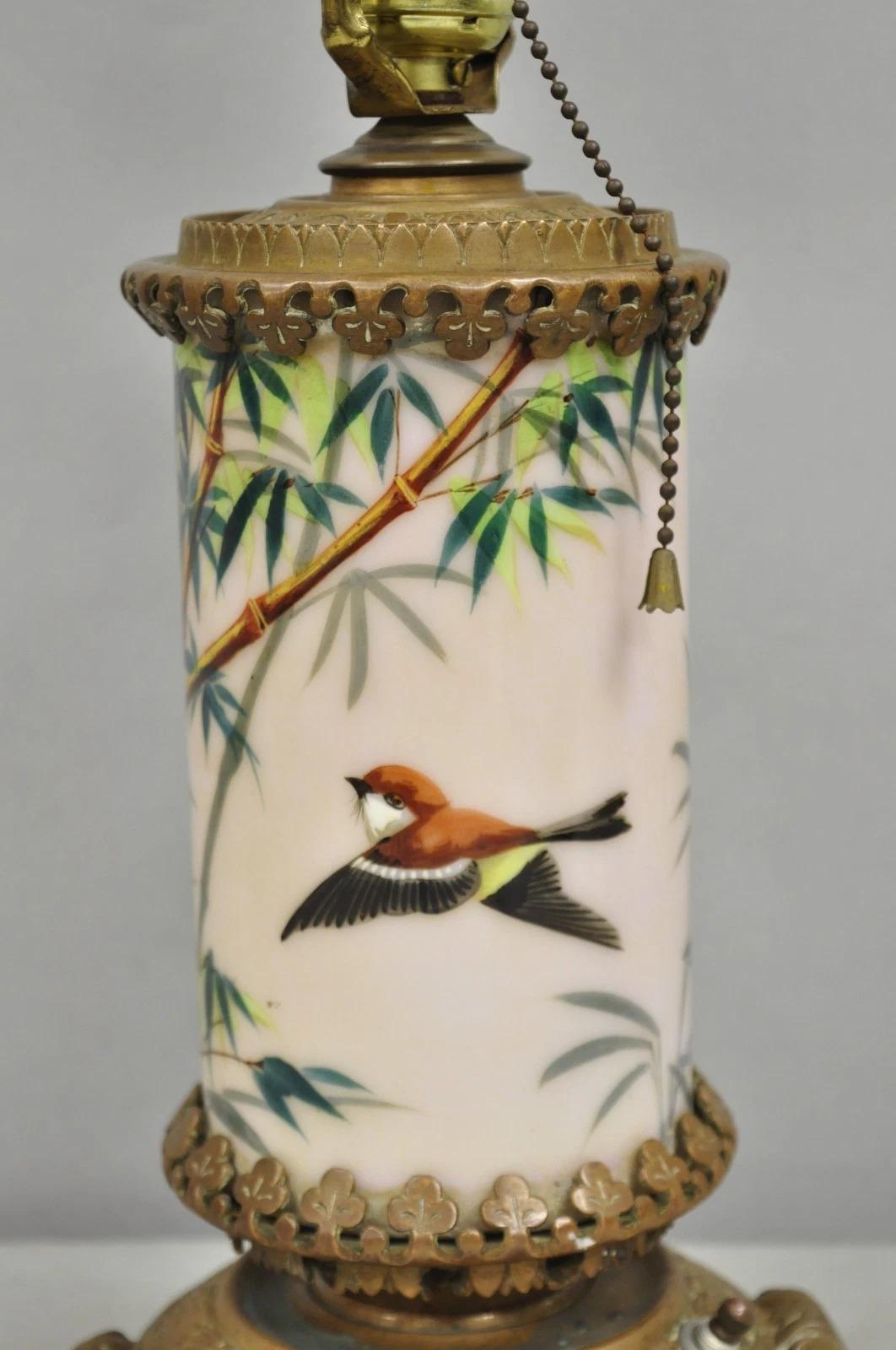 20th Century Art Nouveau Converted Oil Lamp Glass Cylinder Bird Painted Bronze Table Lamp For Sale