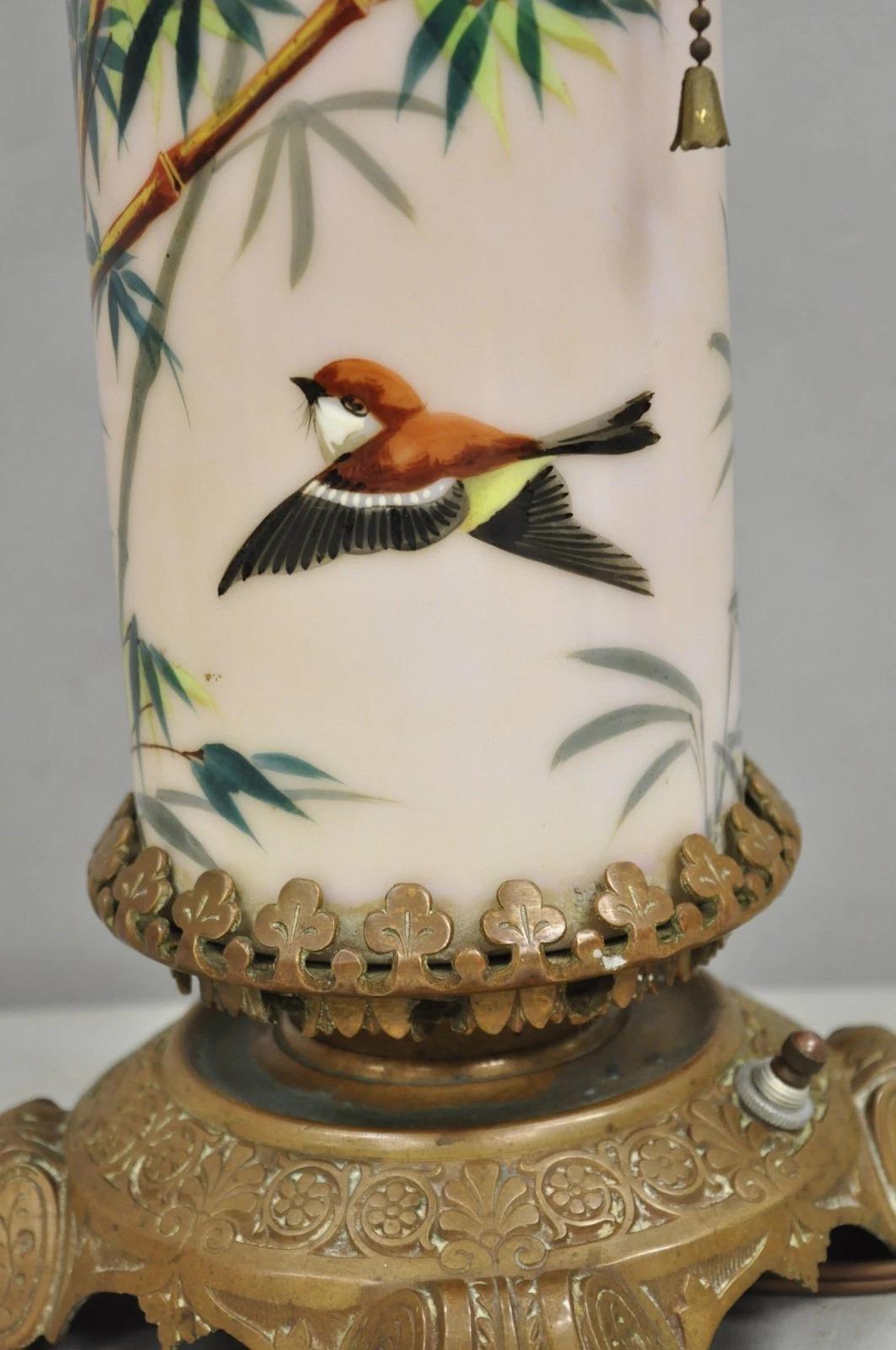 Art Nouveau Converted Oil Lamp Glass Cylinder Bird Painted Bronze Table Lamp For Sale 1