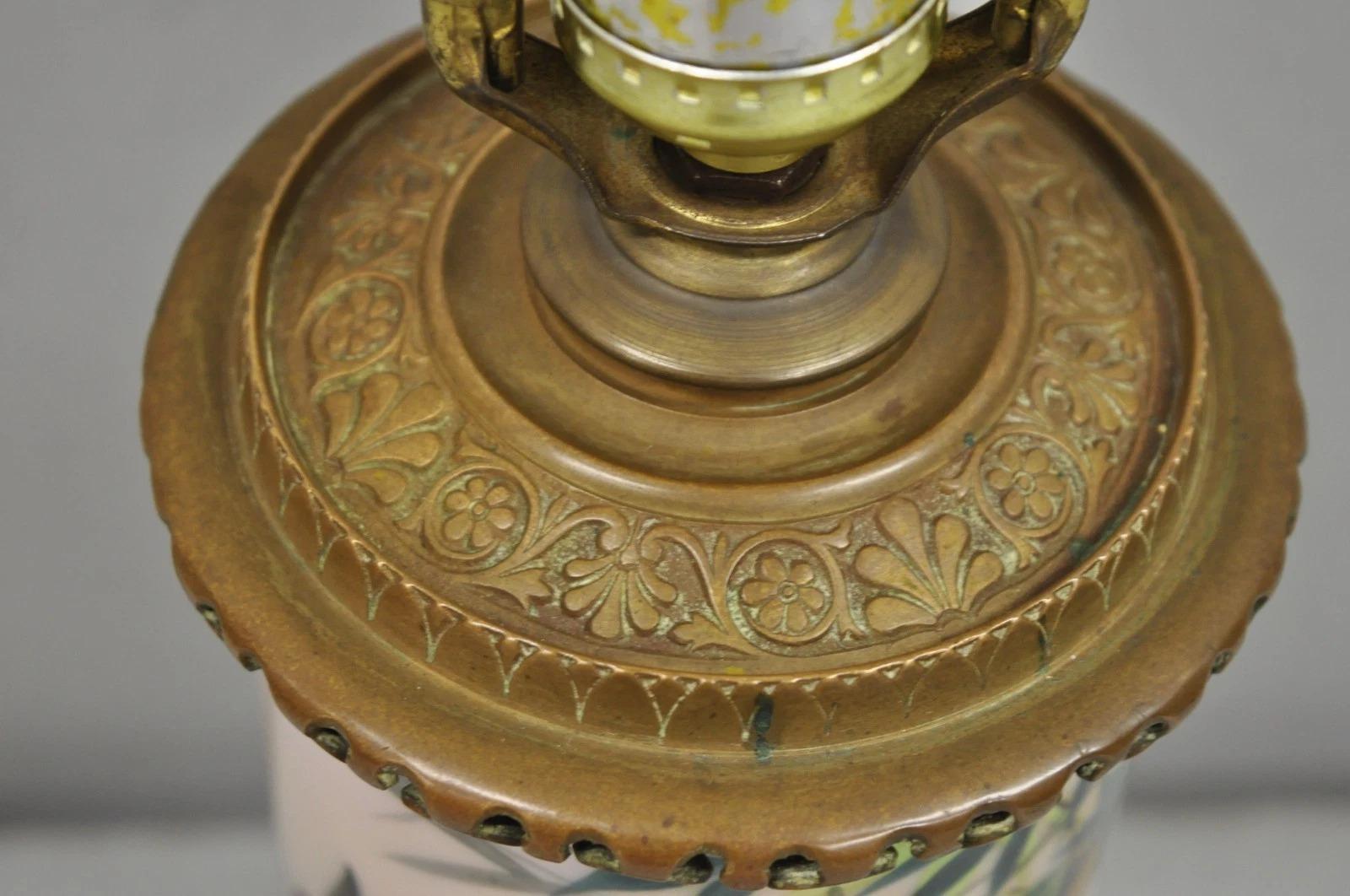 Art Nouveau Converted Oil Lamp Glass Cylinder Bird Painted Bronze Table Lamp For Sale 2