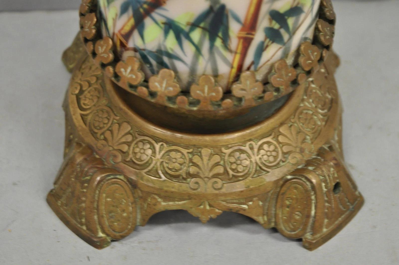 Art Nouveau Converted Oil Lamp Glass Cylinder Bird Painted Bronze Table Lamp For Sale 3