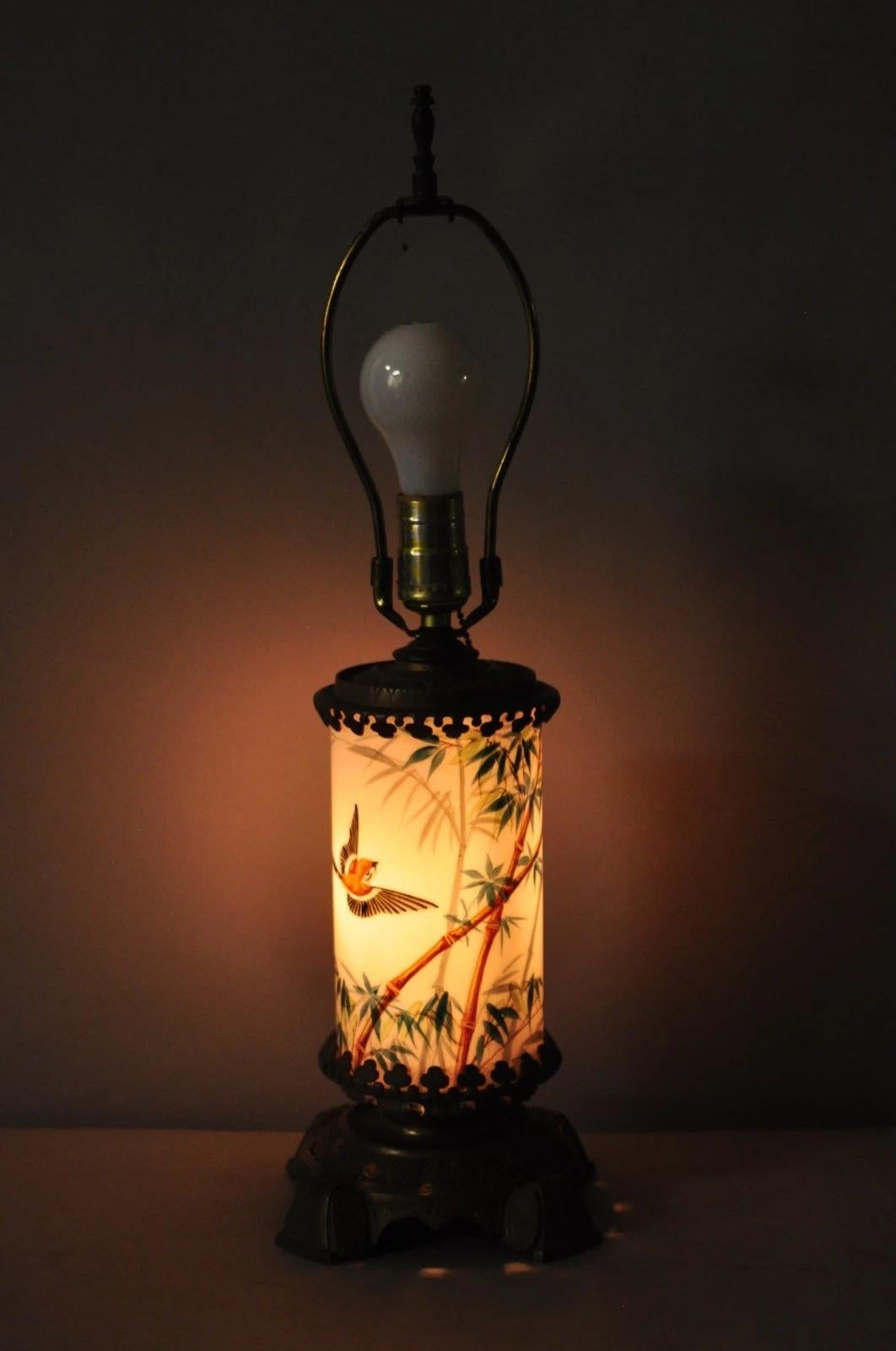 Art Nouveau Converted Oil Lamp Glass Cylinder Bird Painted Bronze Table Lamp For Sale 4