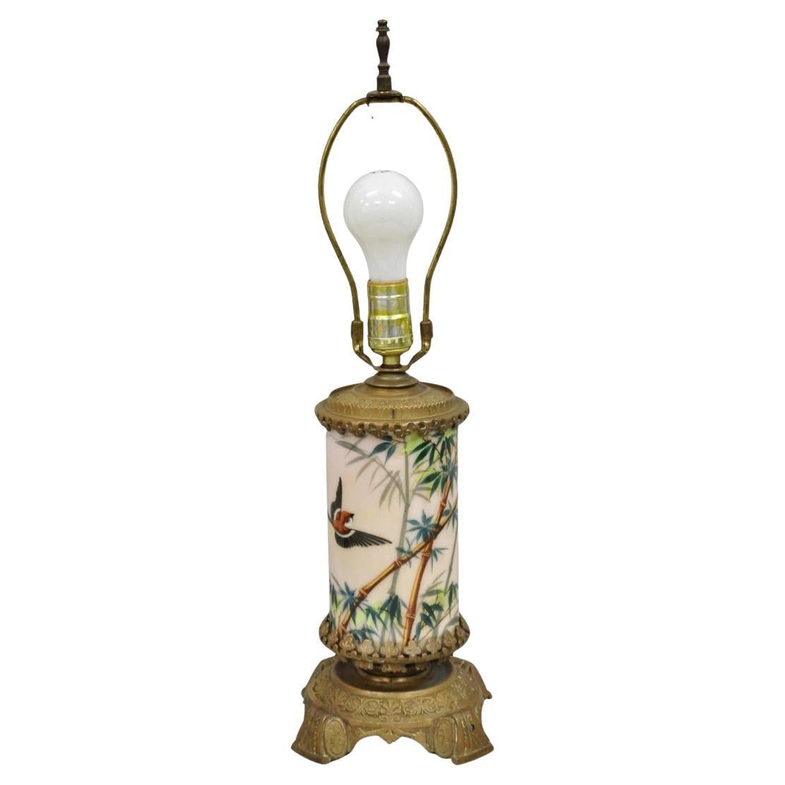 Art Nouveau Converted Oil Lamp Glass Cylinder Bird Painted Bronze Table Lamp For Sale