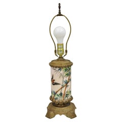 Art Nouveau Converted Oil Lamp Glass Cylinder Bird Painted Bronze Table Lamp