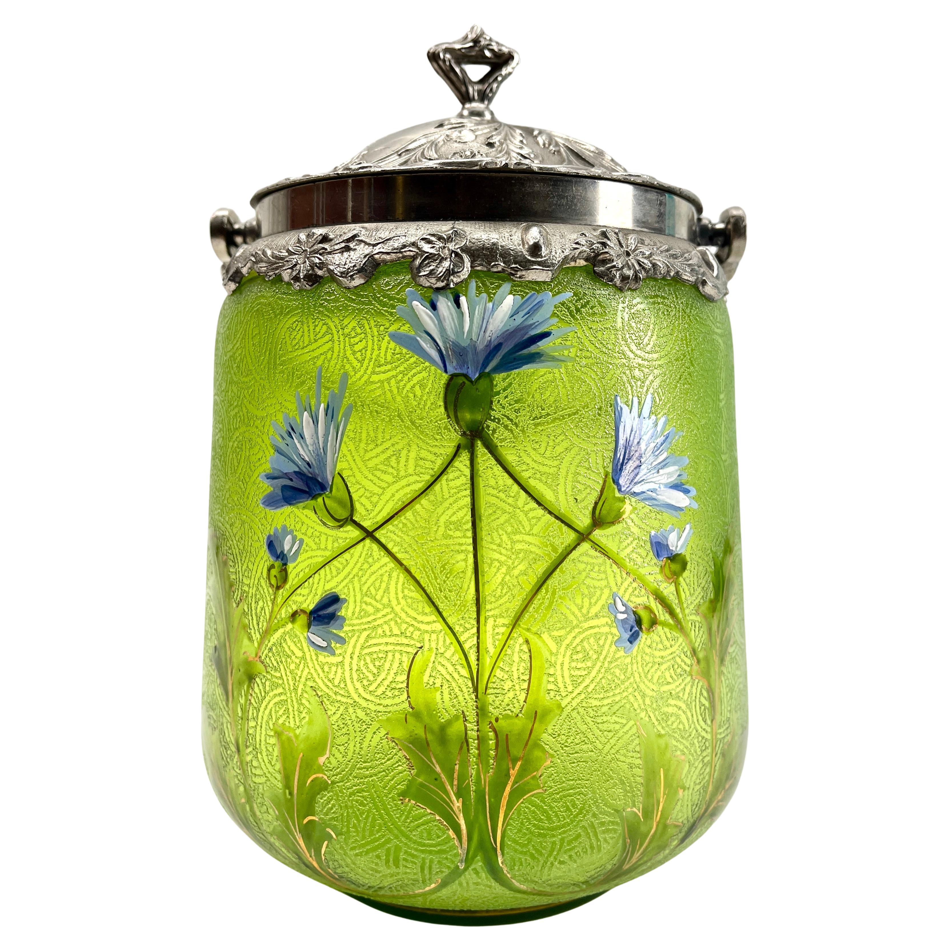 Art Nouveau Cookie jar iridescent glass and Enameled by Loetz' with Lid