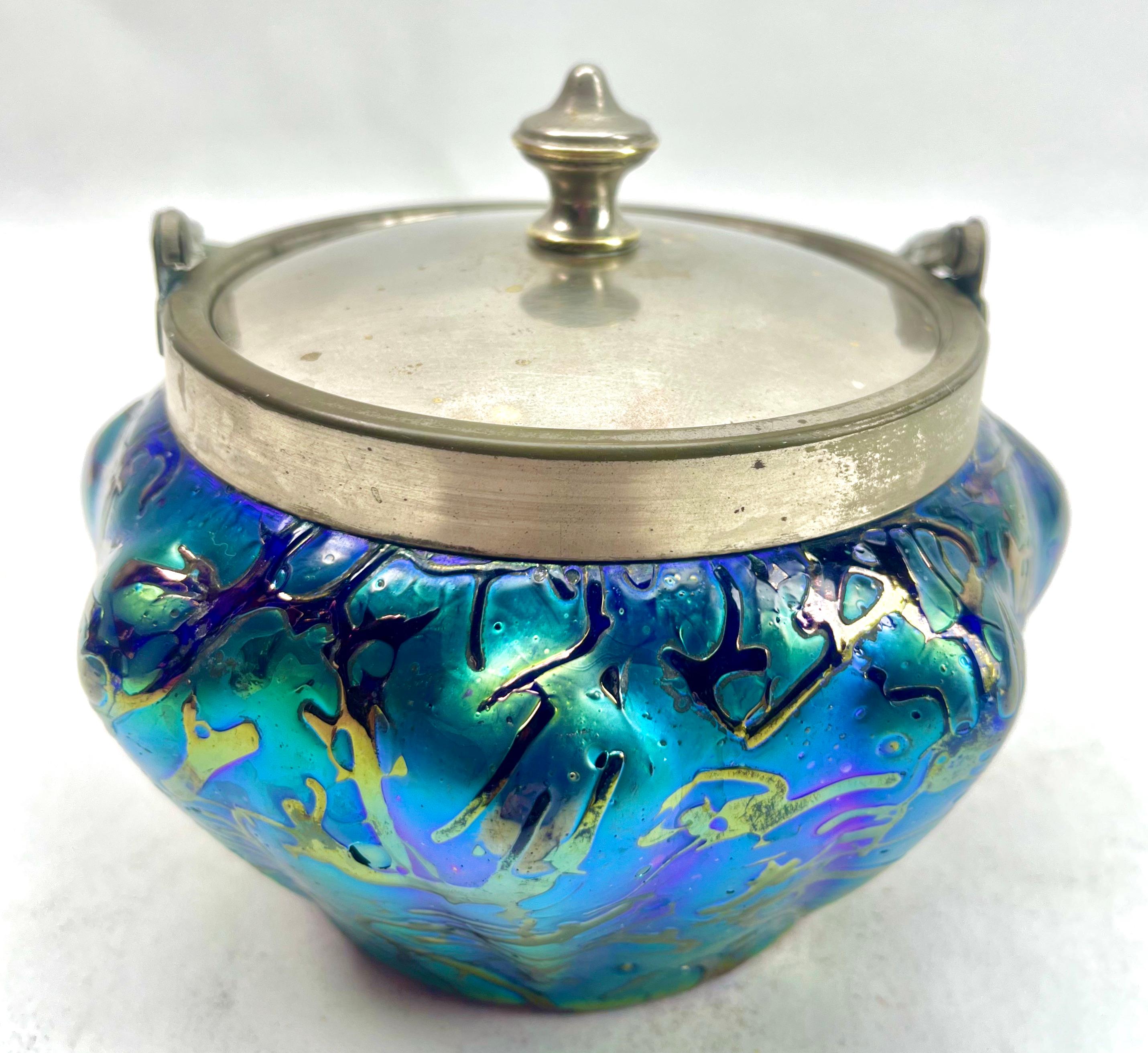 Art Nouveau Cookie jar iridescent glass by Loetz' with Lid For Sale 8