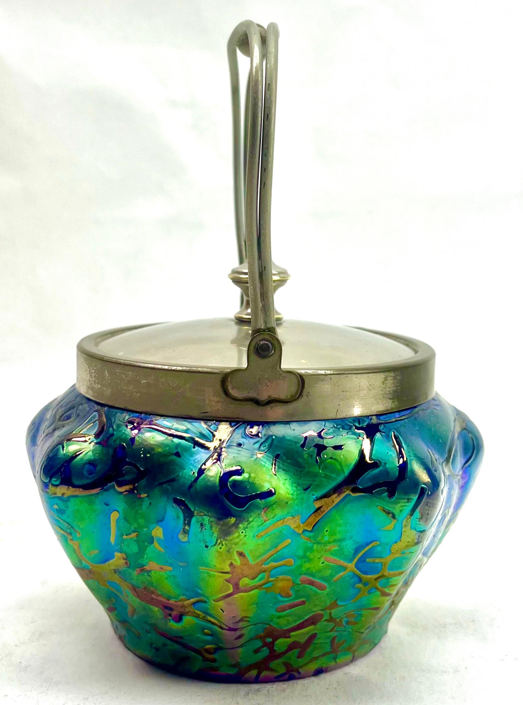 Czech Art Nouveau Cookie jar iridescent glass by Loetz' with Lid For Sale