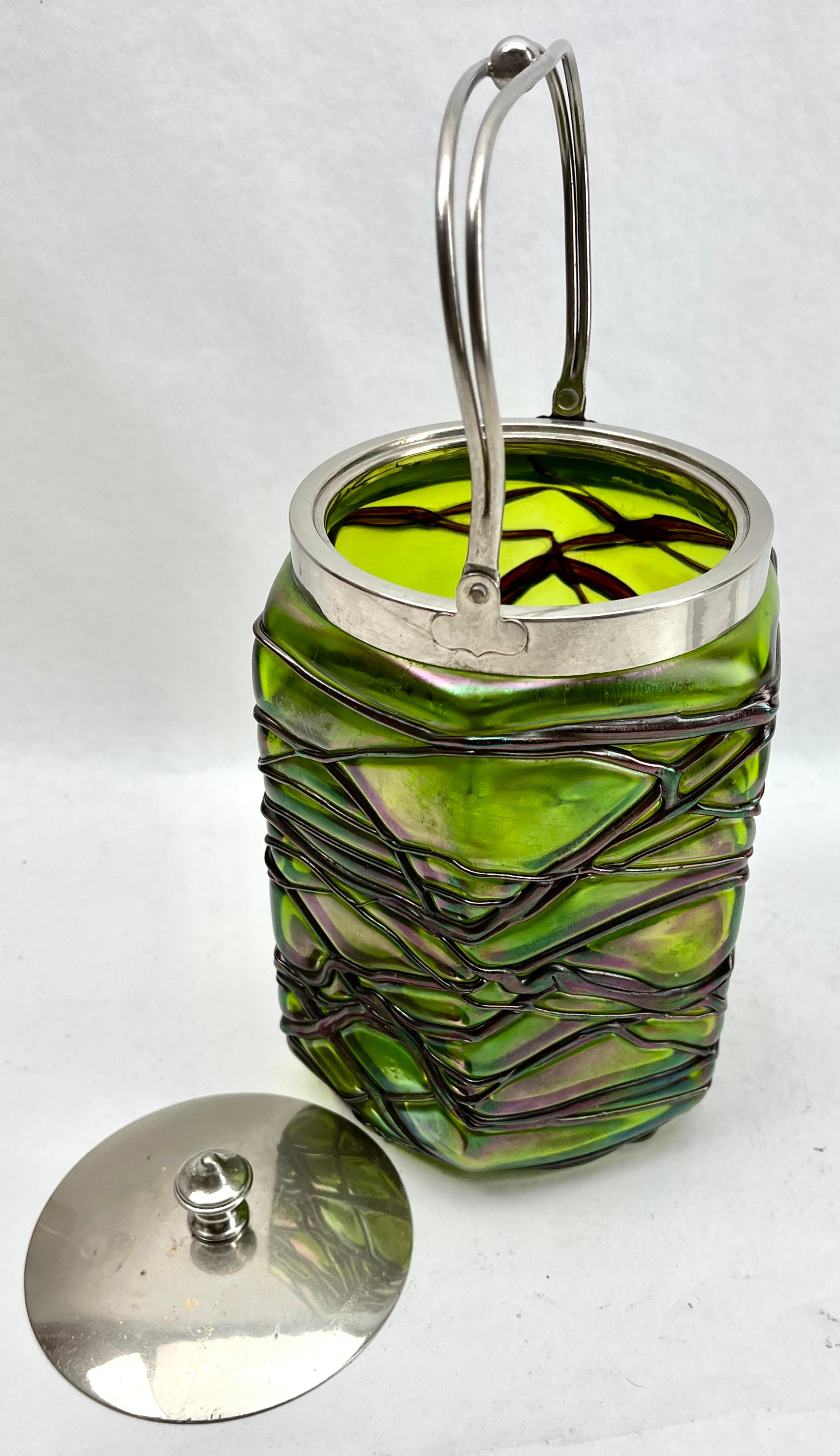 Czech Art Nouveau Cookie jar iridescent glass by Loetz' with Lid For Sale