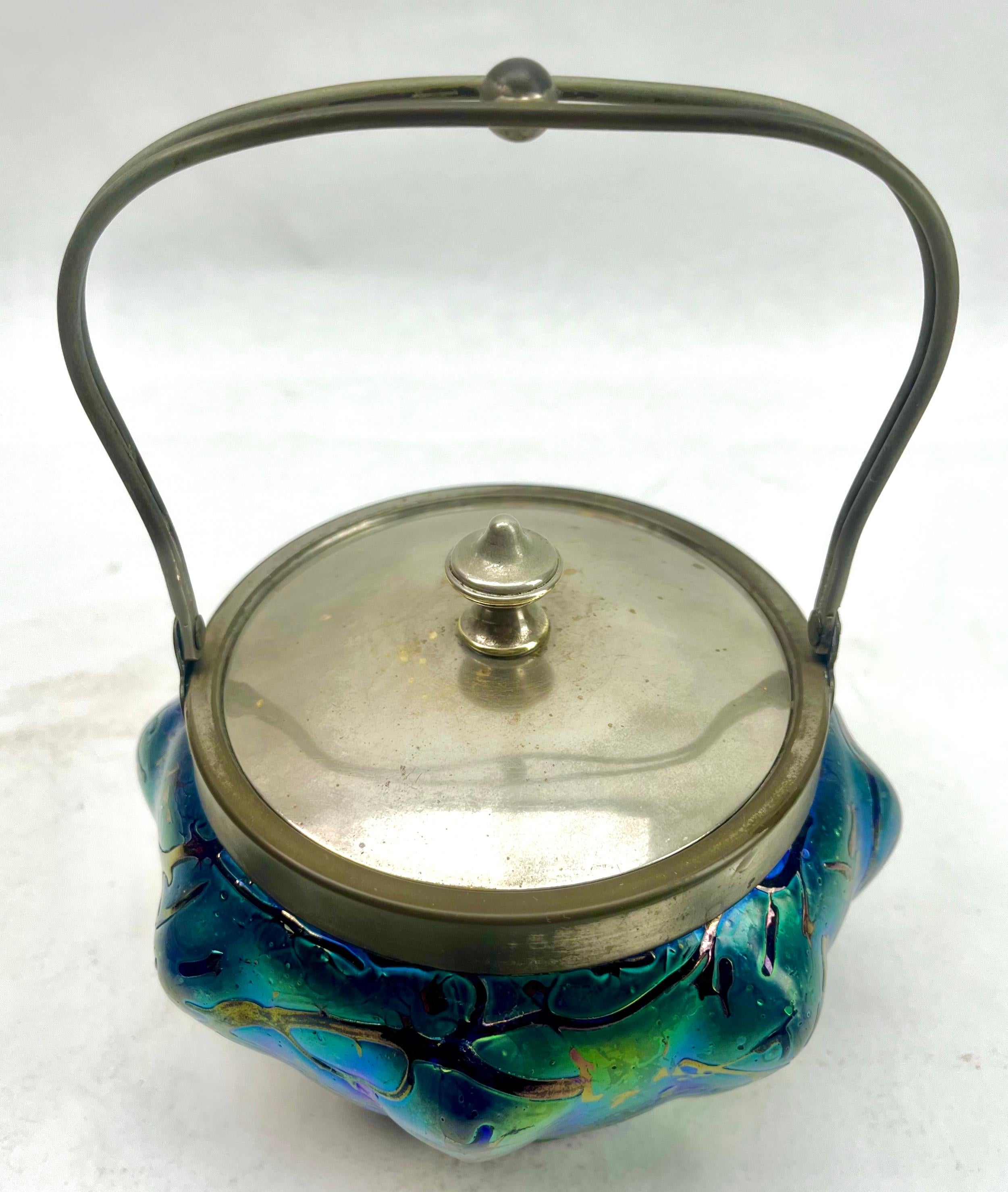 Late 19th Century Art Nouveau Cookie jar iridescent glass by Loetz' with Lid For Sale