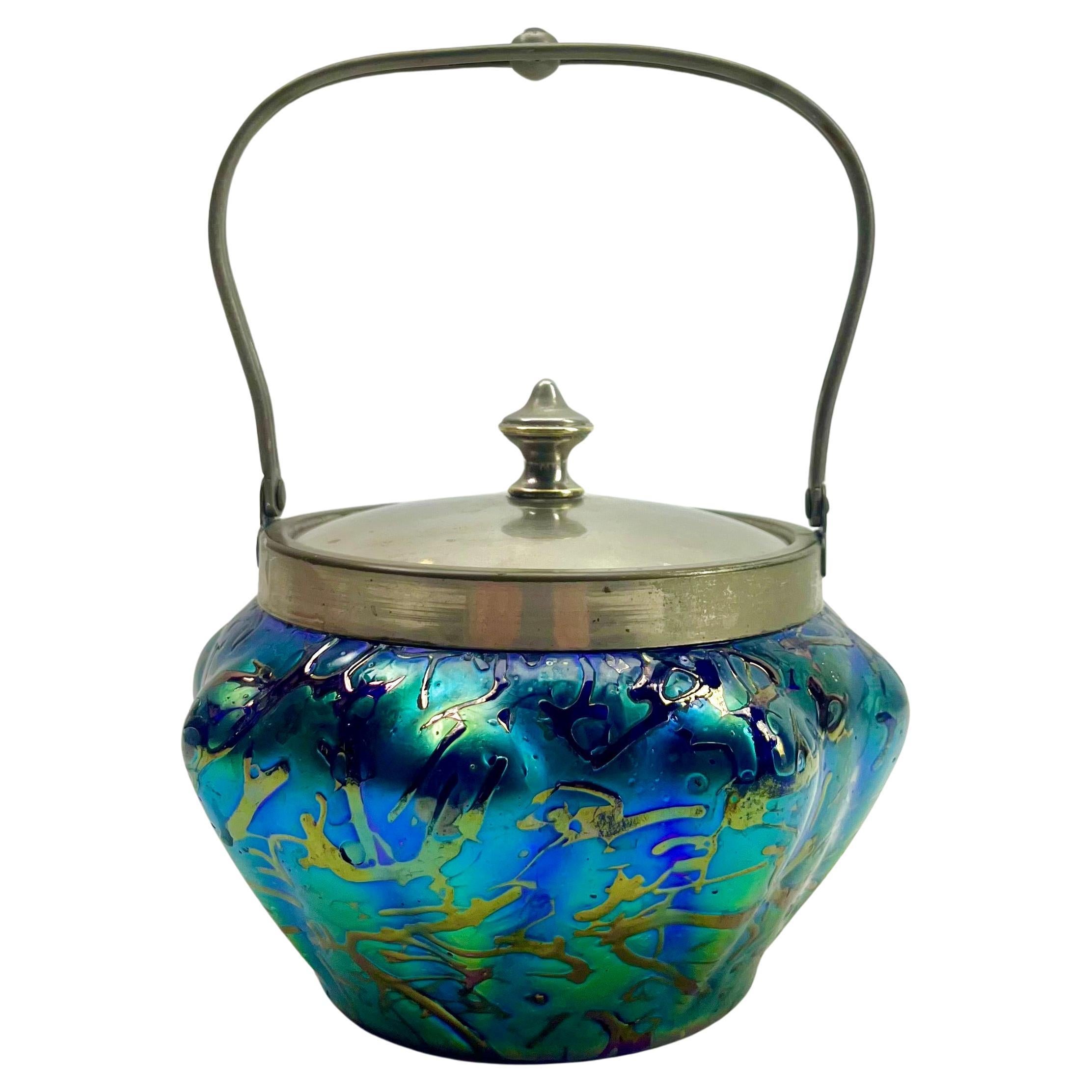 Art Nouveau Cookie jar iridescent glass by Loetz' with Lid For Sale