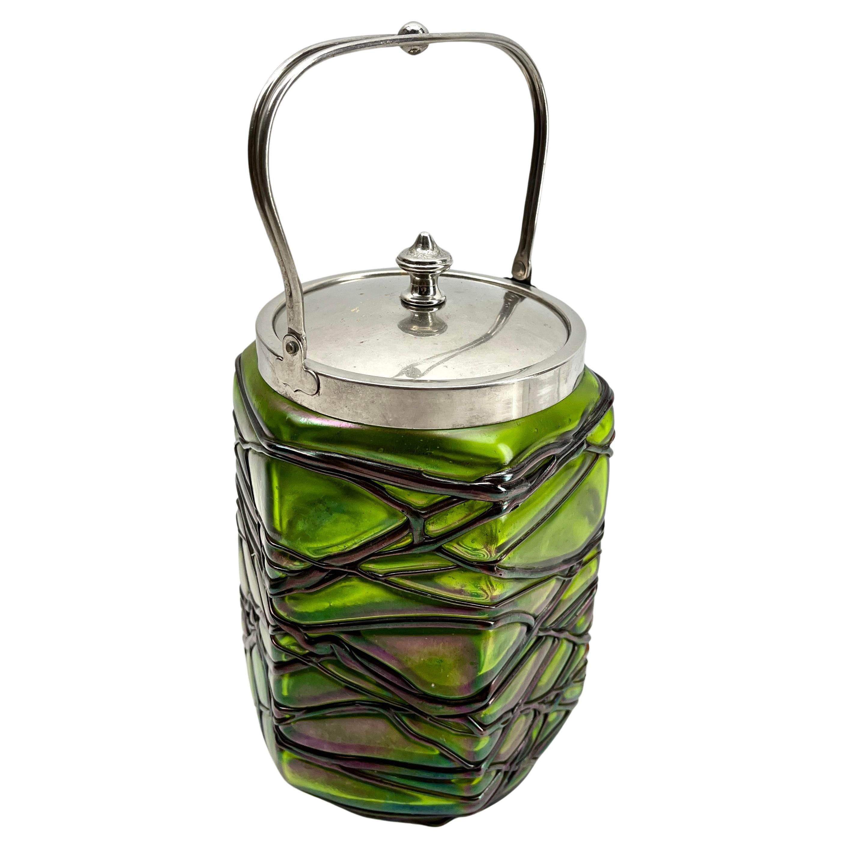 Art Nouveau Cookie jar iridescent glass by Loetz' with Lid