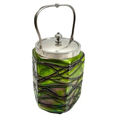 Antique Art Nouveau Cookie jar iridescent glass by Loetz' with Lid
