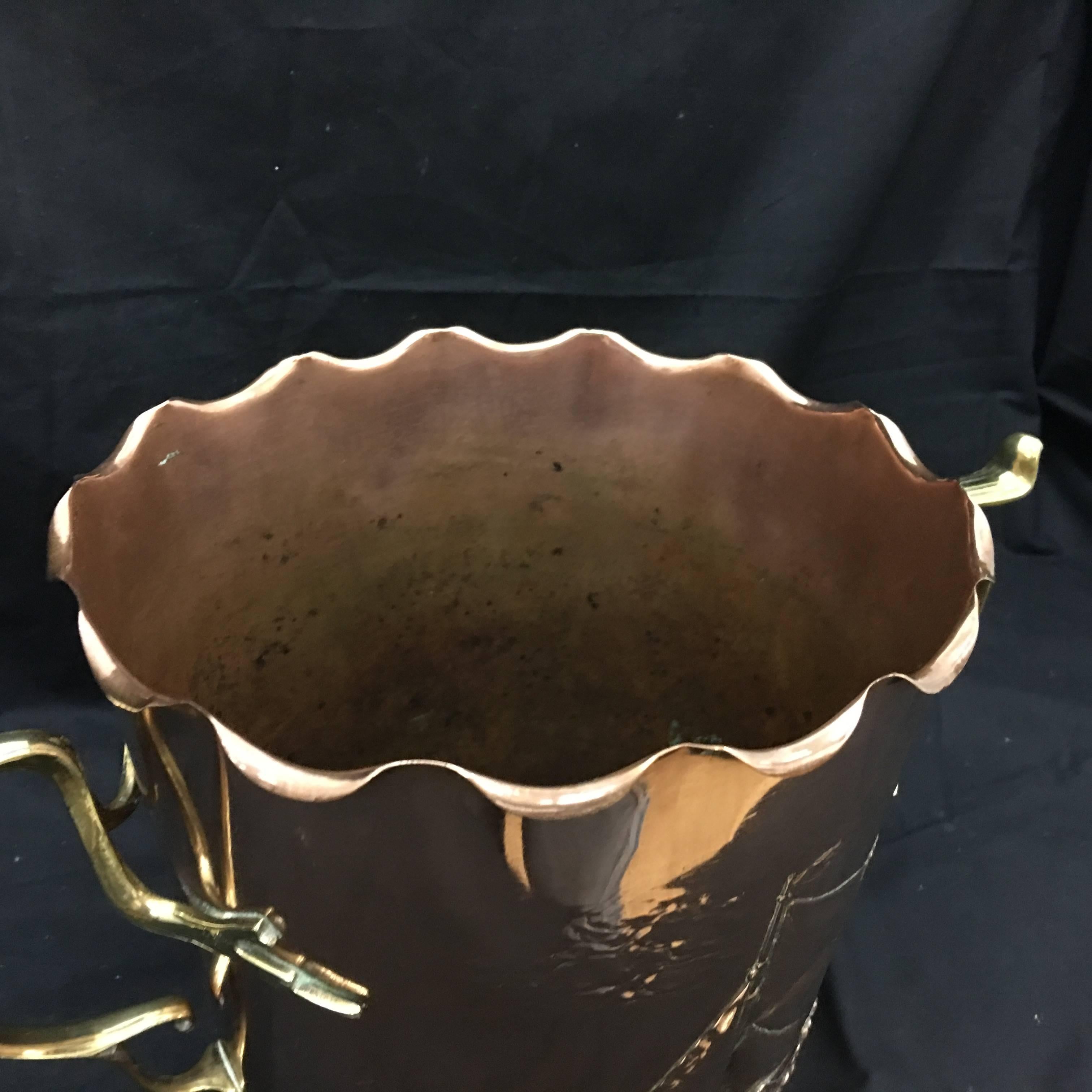 Rare engraved copper and brass wine cooler. It's made in Germany, circa 1900. The engraving represent a sail boat on the sea.