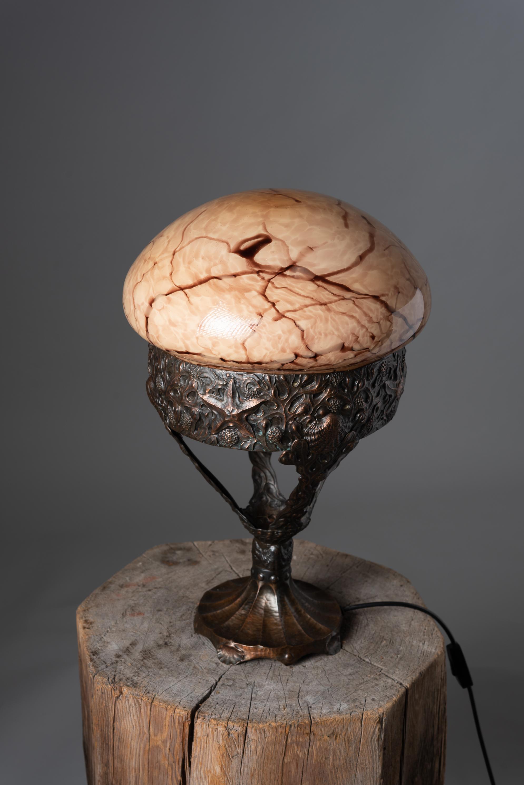 20th Century Art Nouveau Copper and Marbled Glass Table Lamp