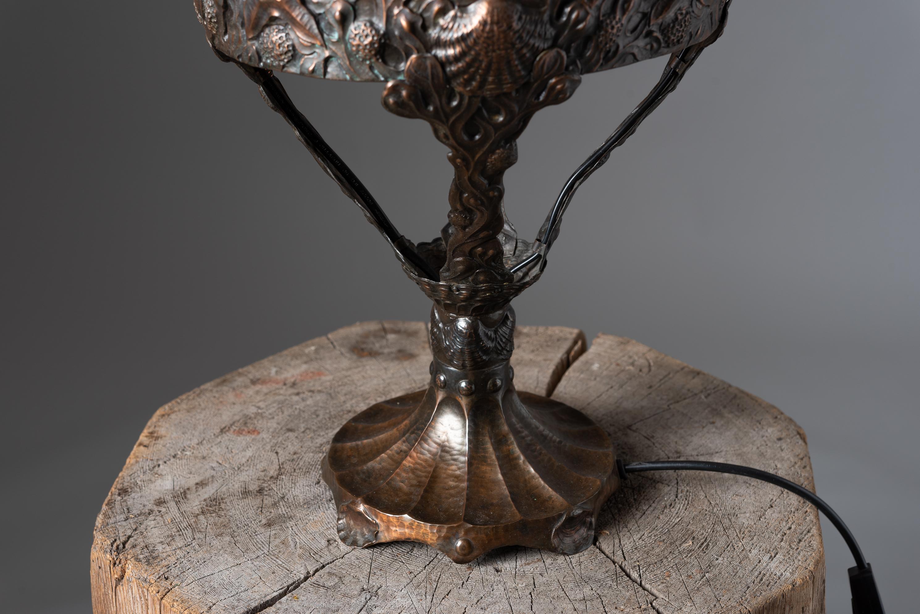 Art Nouveau Copper and Marbled Glass Table Lamp 2