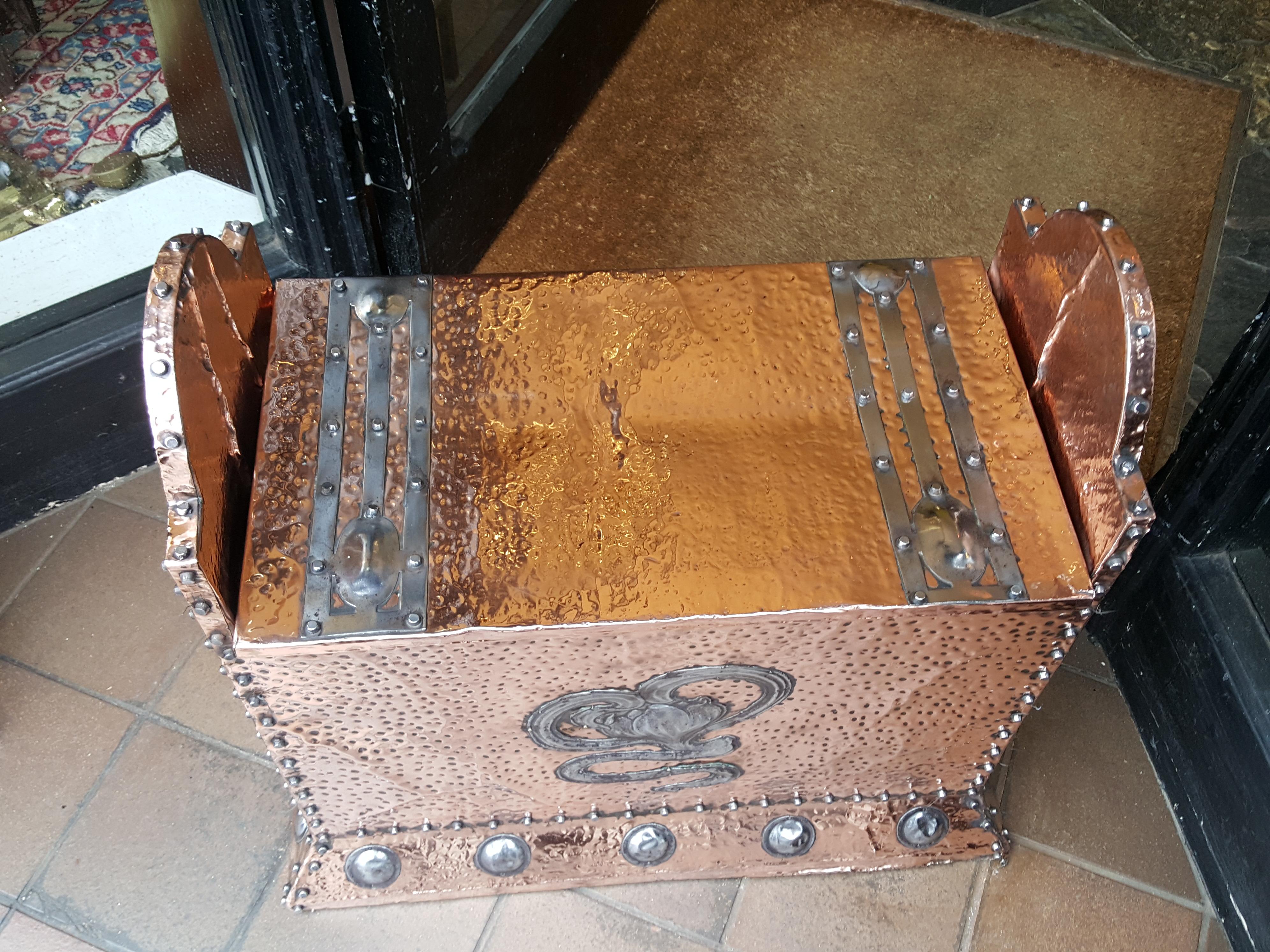 English Art Nouveau Copper and Steel Log Box