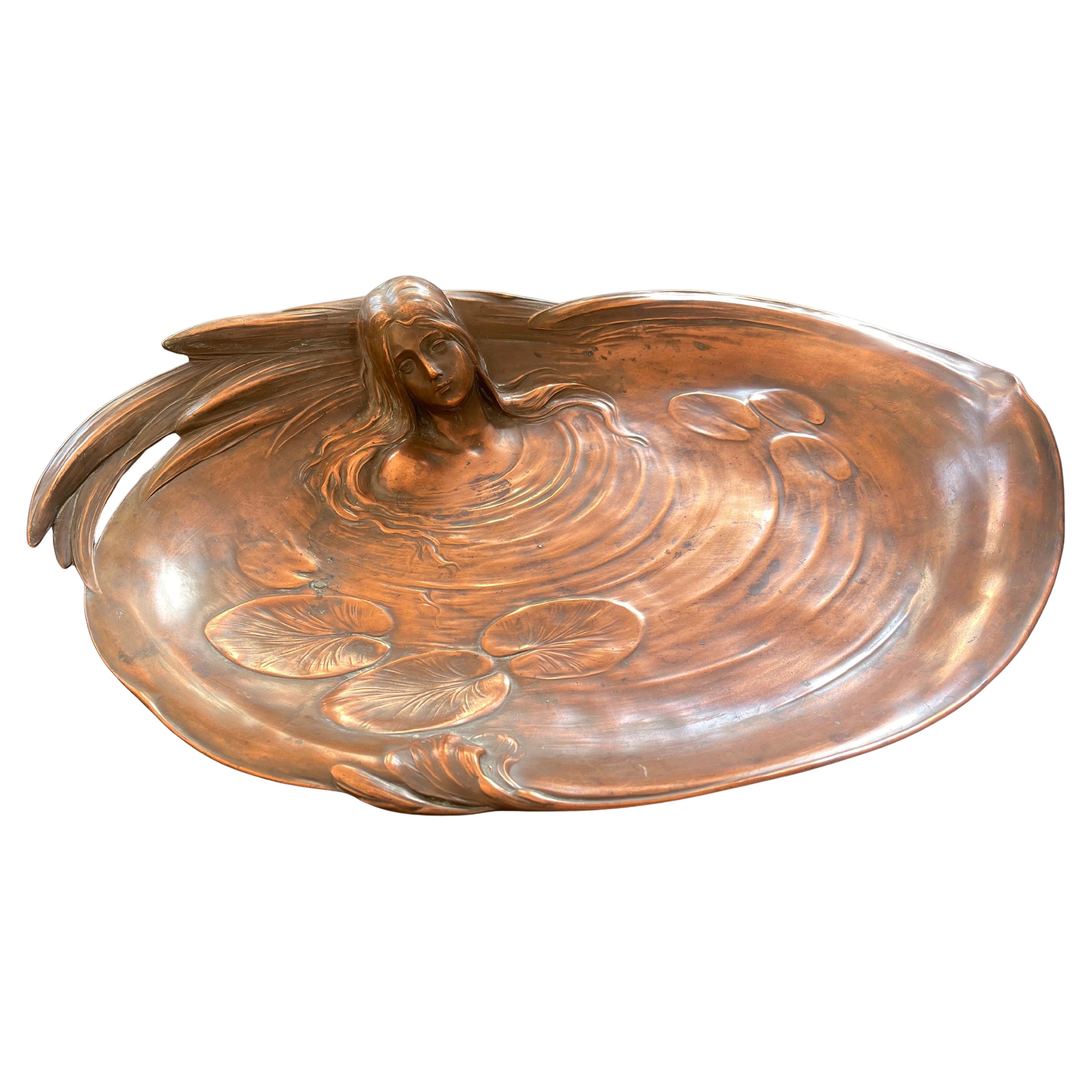 Art Nouveau Copper Bowl, Nymph in Water, 1910s after Maurice Bouval, Germany