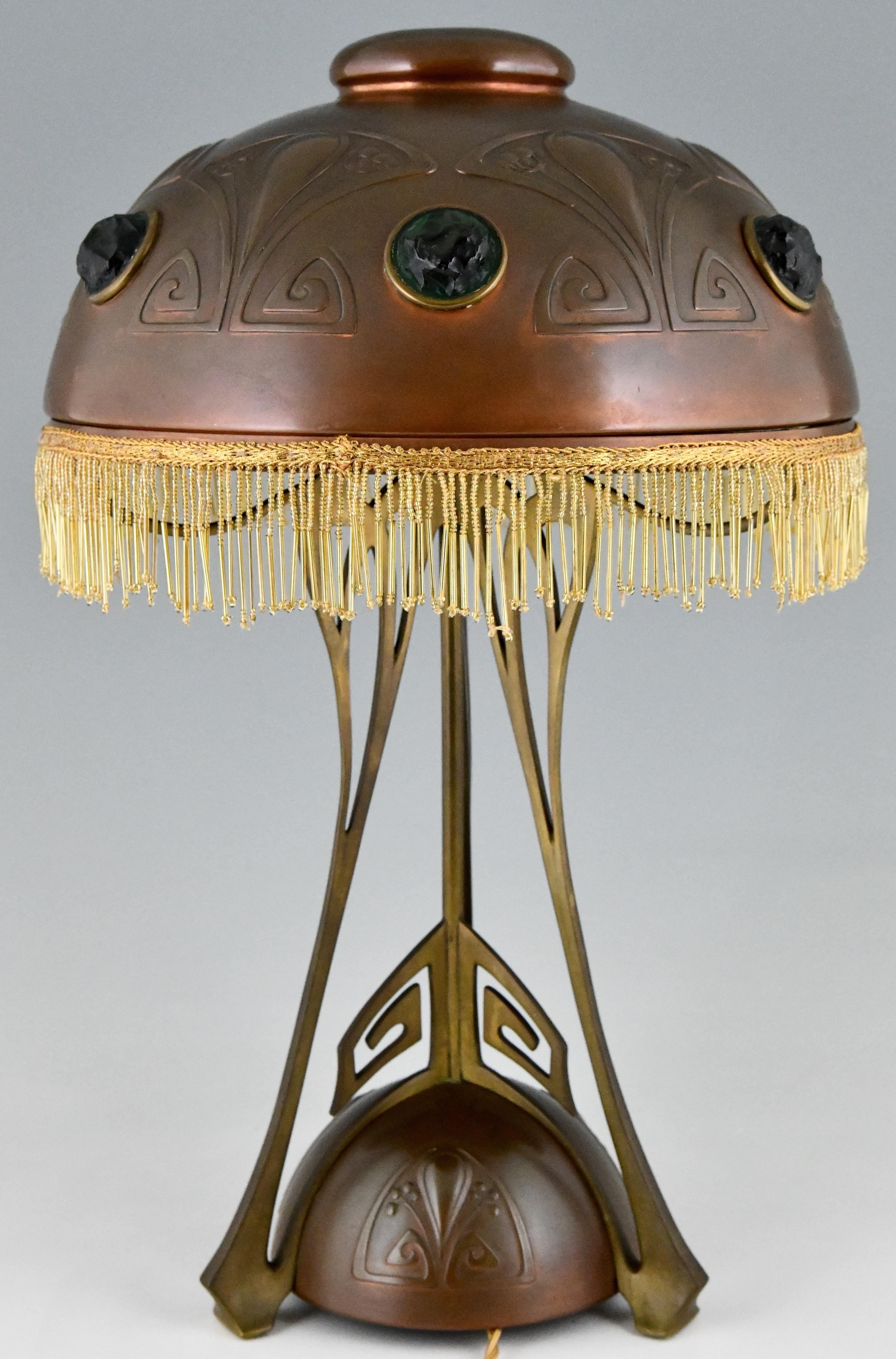 German Art Nouveau Copper, Brass and Glass Cabochons Table Lamp WMF 1900