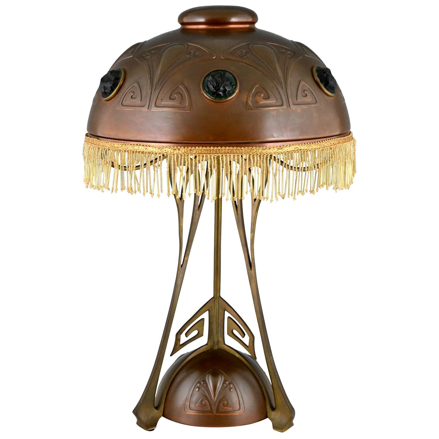 Art Nouveau Copper, Brass and Glass Cabochons Table Lamp WMF 1900