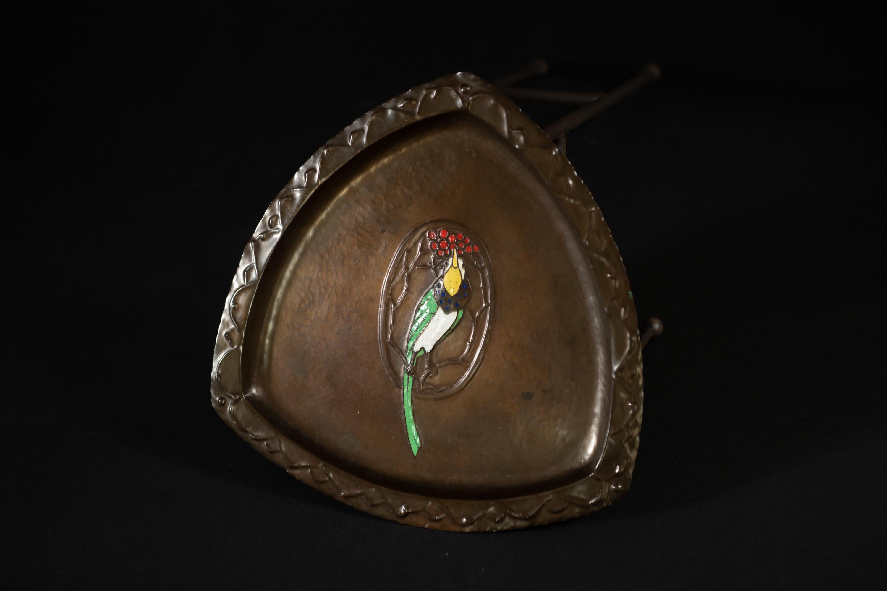 German Art Nouveau Copper Charger with Bird and Berries by Ludwig Karl Maria Vierthaler For Sale