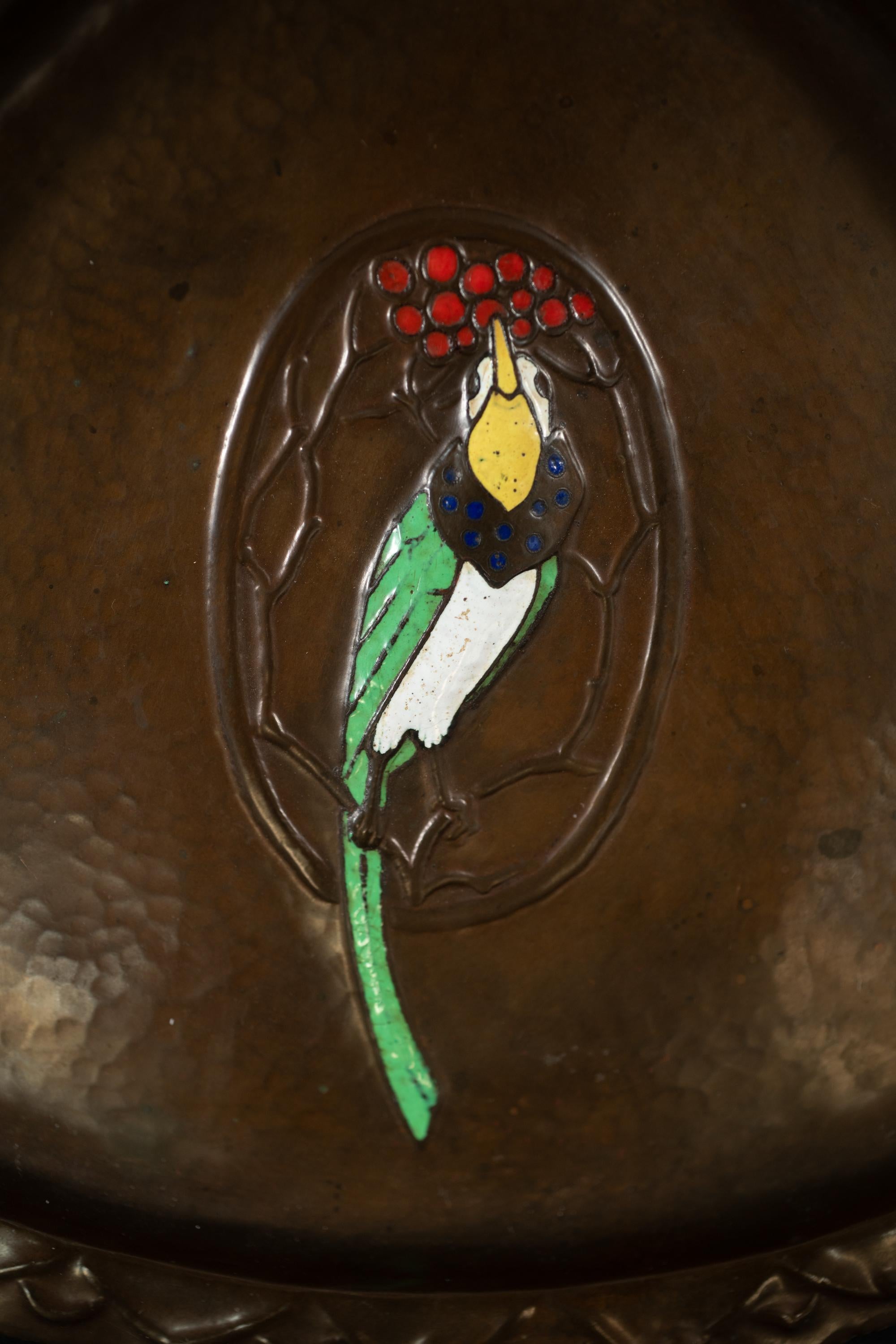 Art Nouveau Copper Charger with Bird and Berries by Ludwig Karl Maria Vierthaler In Good Condition For Sale In Chicago, US