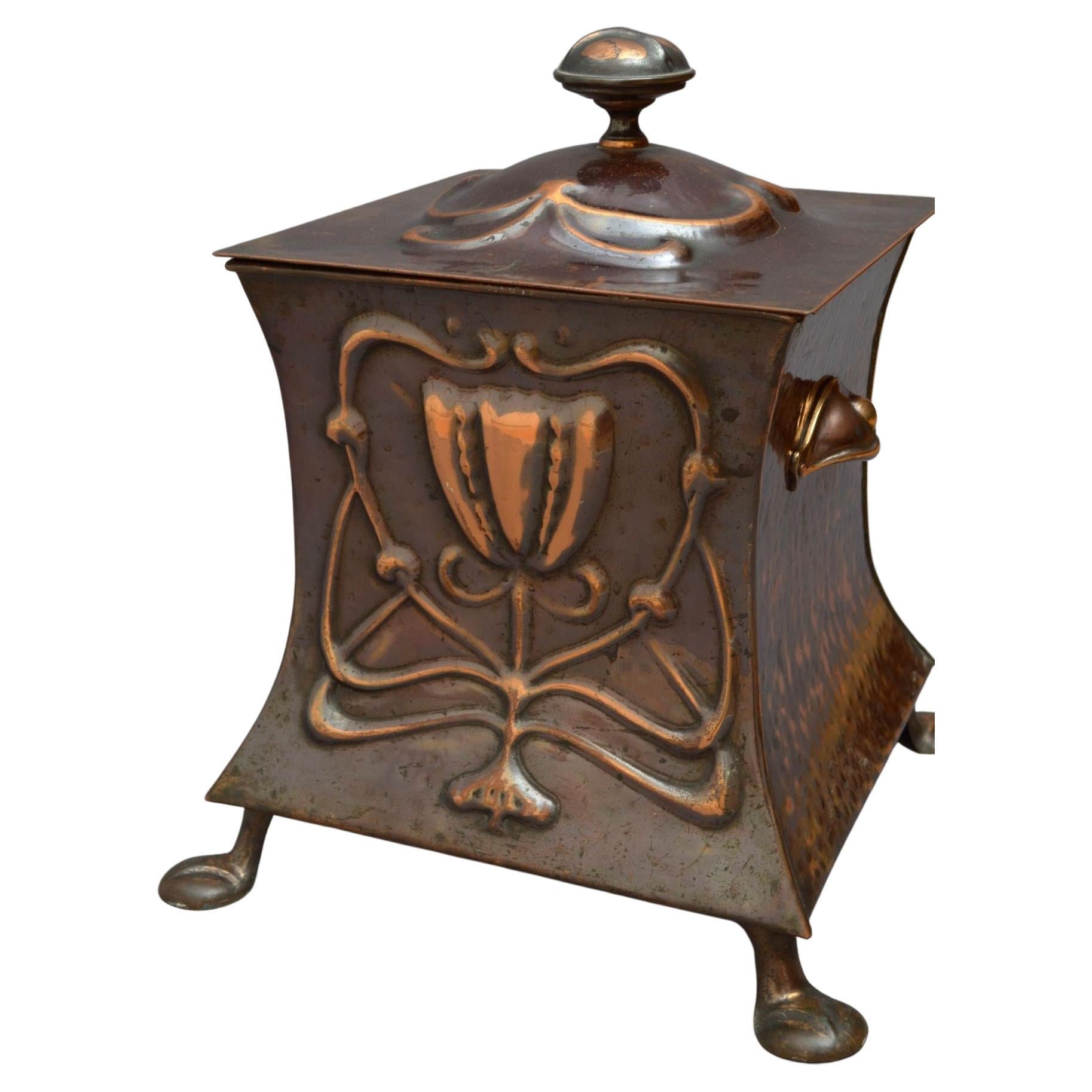 Art Nouveau Copper Coal Bin For Sale