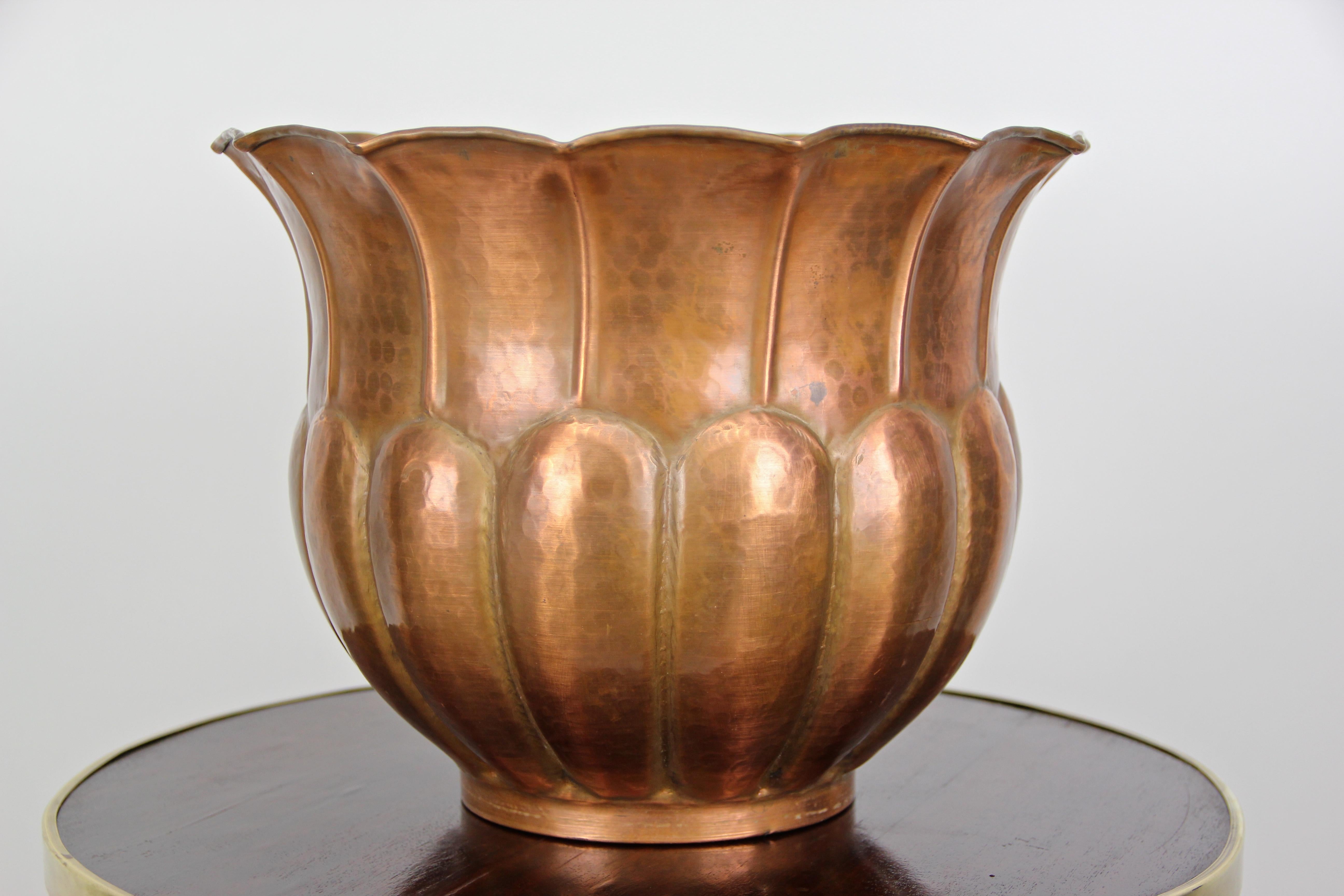 Very decorative copper planter or cachepot from the Art Nouveau period in Austria, circa 1910. This lovely designed planter shows a gorgeous bulby shape looking like a calyx. An amazing hammer finished design finalizes the great look of this
