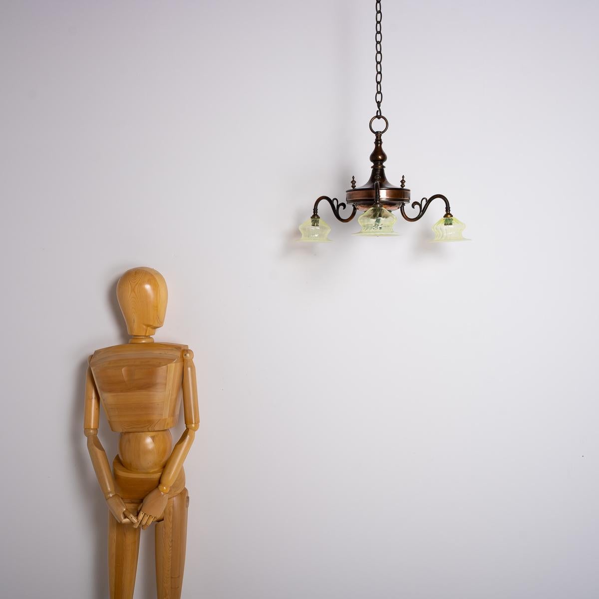 Art Nouveau Copper Three Branch Chandelier With Vaseline Glass Shades By Gec For Sale 3