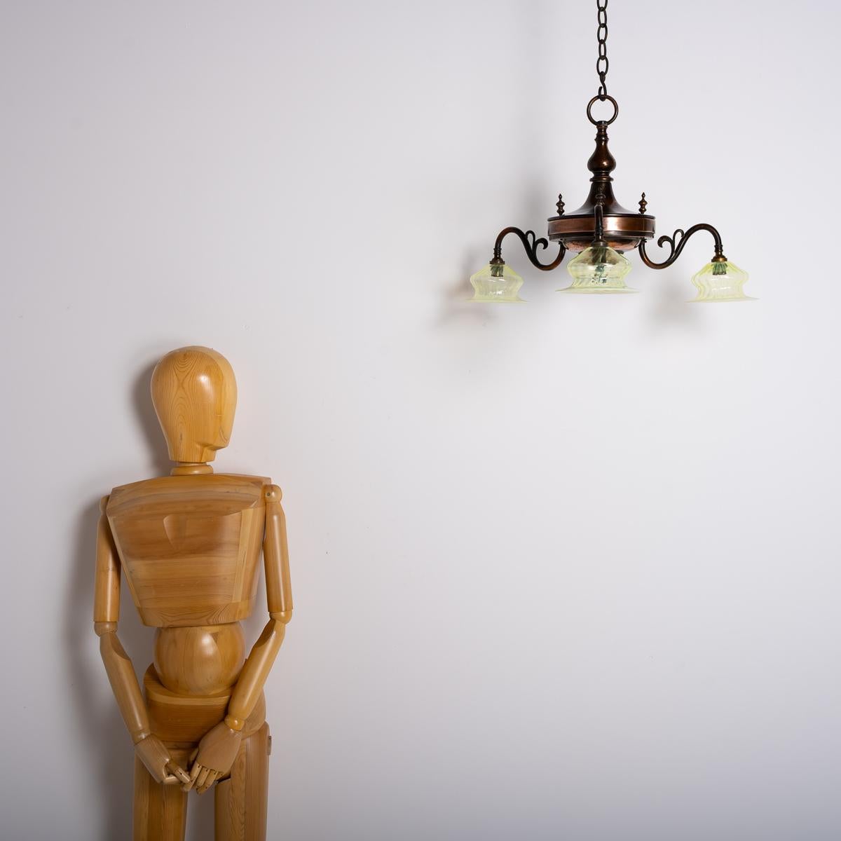 Art Nouveau Copper Three Branch Chandelier With Vaseline Glass Shades By Gec For Sale 4